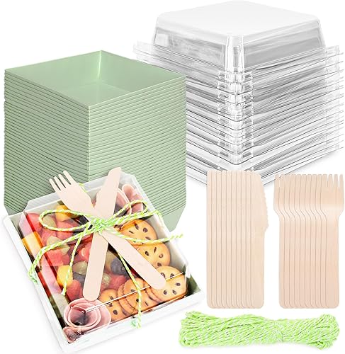 Miniatura 8 de Whaline 50 cajas pequeñas de embutidos con tapas transparentes, cajas de postre de papel kraft con tenedores y cuchillos, recipientes cuadrados
