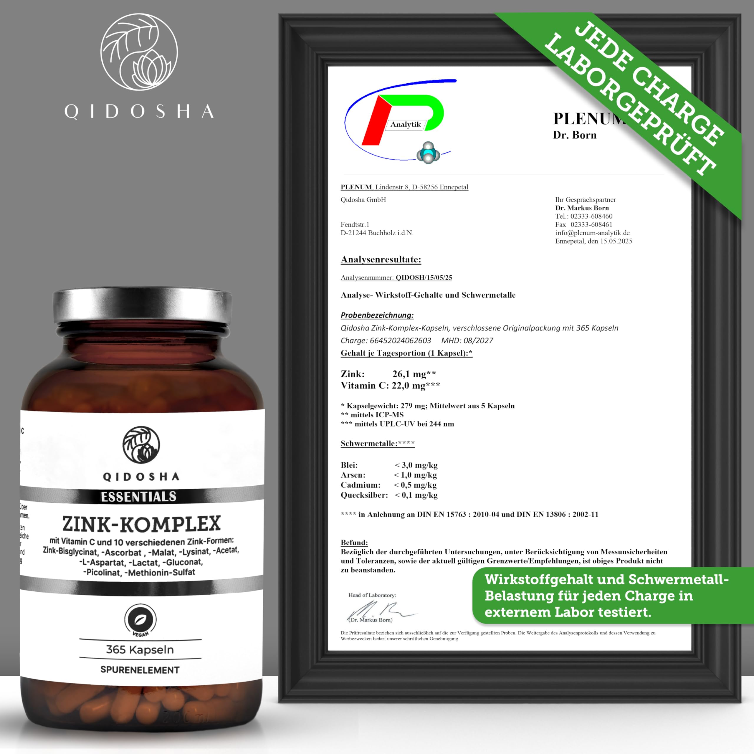 QIDOSHA® Zink Komplex, 365 Kapseln, 25 mg Zink aus 10 verschiedenen Zn-Formen plus Vitamin C, vegan, deutsche Fertigung, jede Charge laborgeprueft