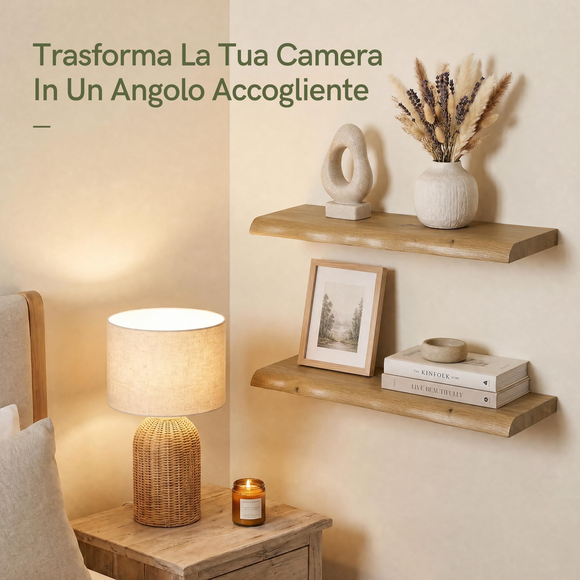 Afuly Mensole da Muro, Bordo Ondulato con Effetto Rovere, Set di 2, 60 cm | Supporti nascosti, per libri, piante, foto e decorazioni, soggiorno, camera e bagno, per esposizione e spazio contenitivo