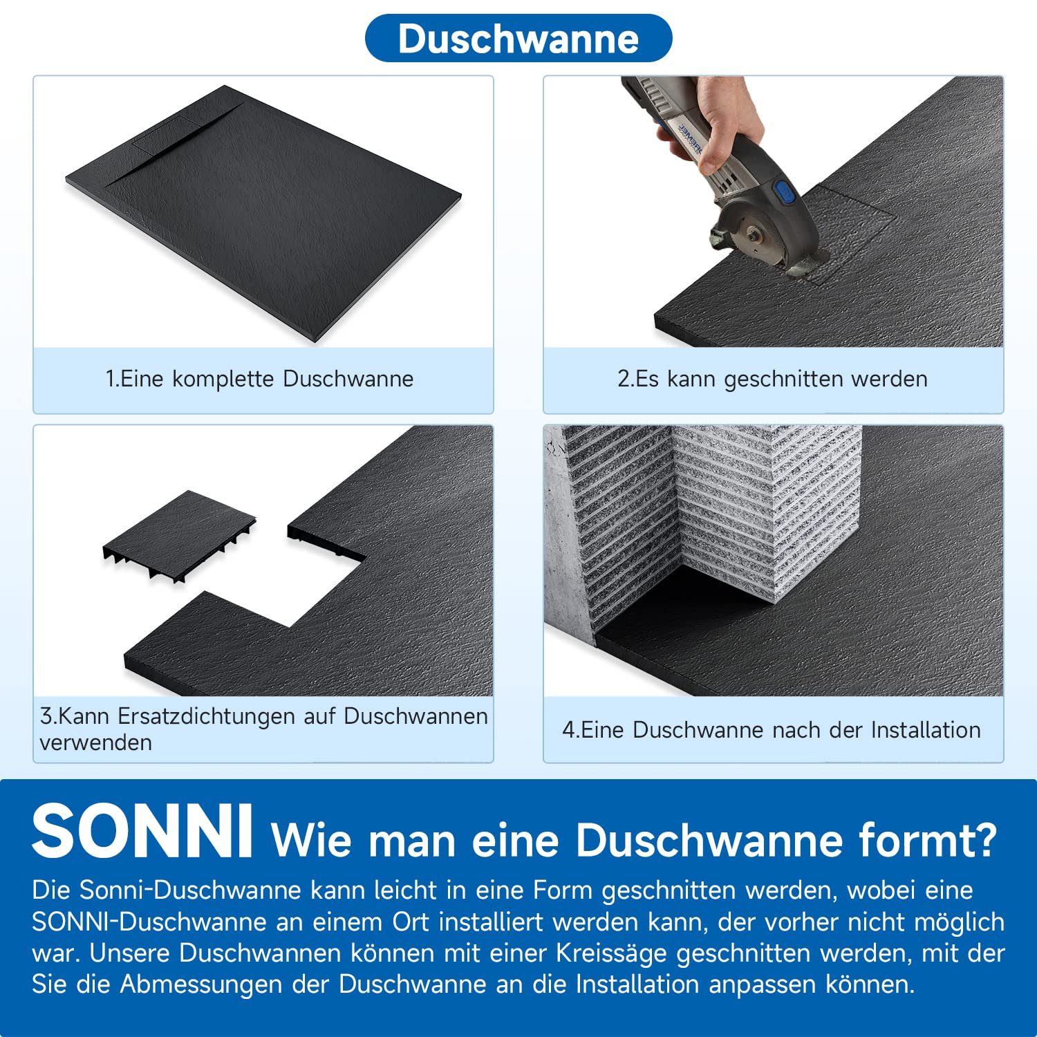 SONNI Brodzik prysznicowy 120 x 90 cm, czarny, 32 mm, płaski brodzik o wyglądzie łupka, antypoślizgowa struktura, w zestawie syfon