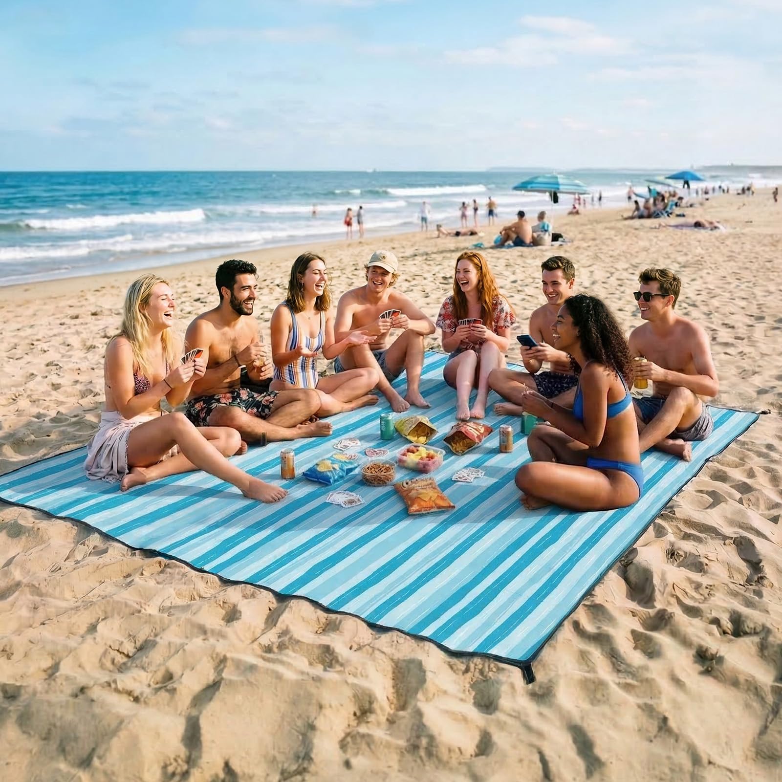 Coperta picnic impermeabile 304 x 304 cm, telo picnic impermeabile, telo da spiaggia lavabile con 6 picchetti e moschettoni, per la famiglia, la spiaggia, strisce azzurro chiaro