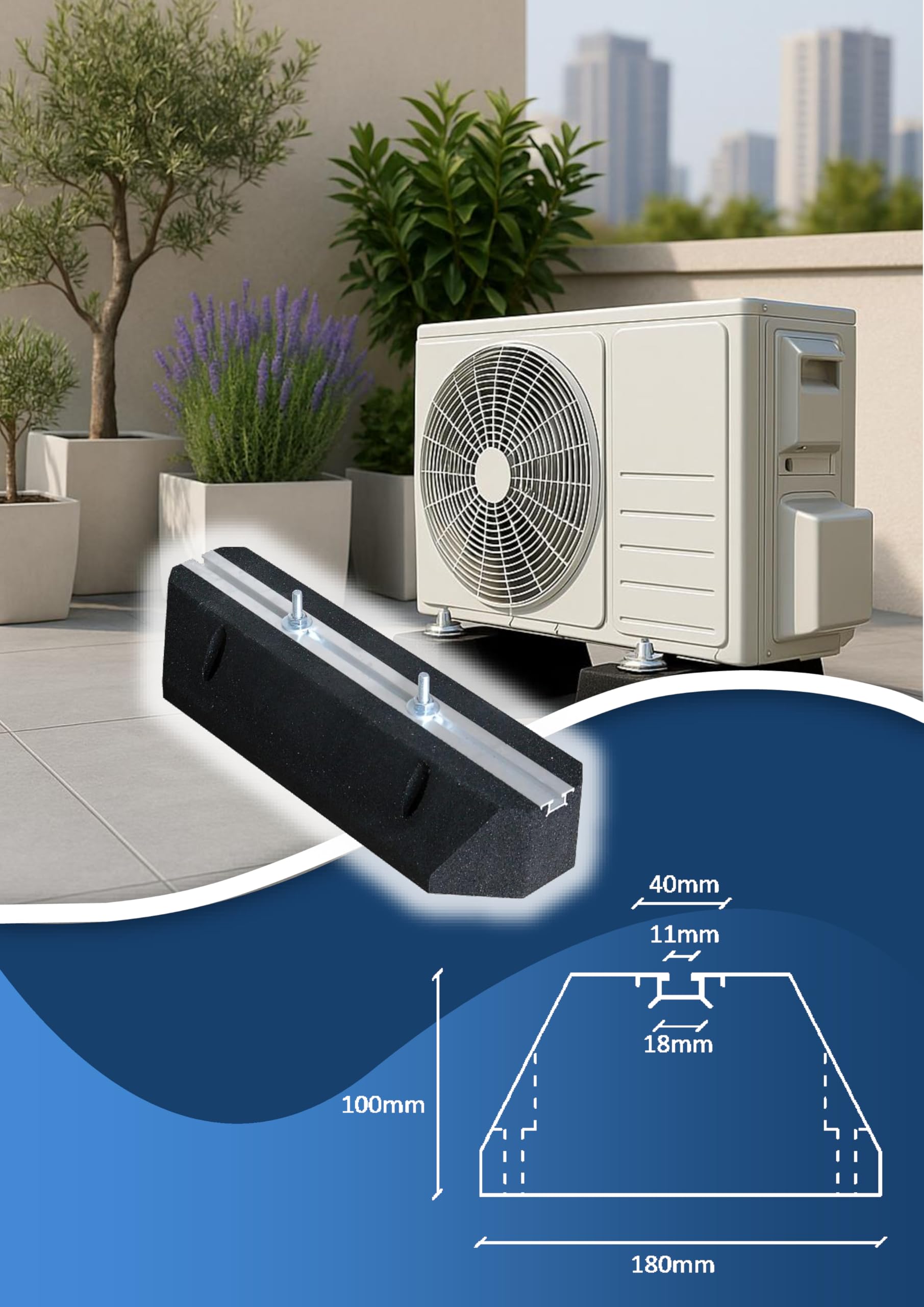 Black panda - Base in gomma da 40 cm con fissaggio – Blocco antivibrazione per pompe di calore, condizionatori d'aria e refrigerazione, portata 200 kg – Resistente ai raggi UV e alle intemperie, viti