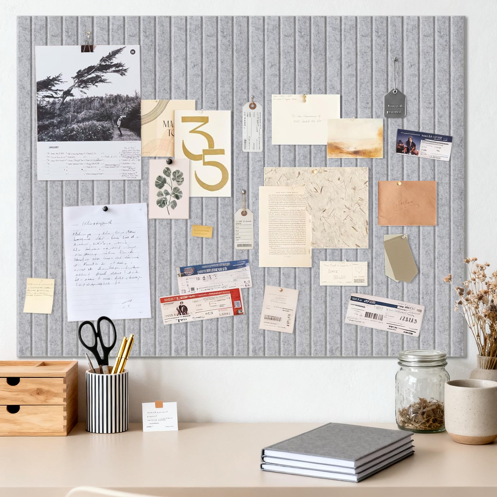 Large Felt Notice Board Silver Grey Self-Adhesive 90 x 120 cm Cork 0.9 cm Thick Vision Board Set, Photo Wall Cork Board Pegboard Memo Board Felt Panels Pin Board Modern for Office Kitchen Children's