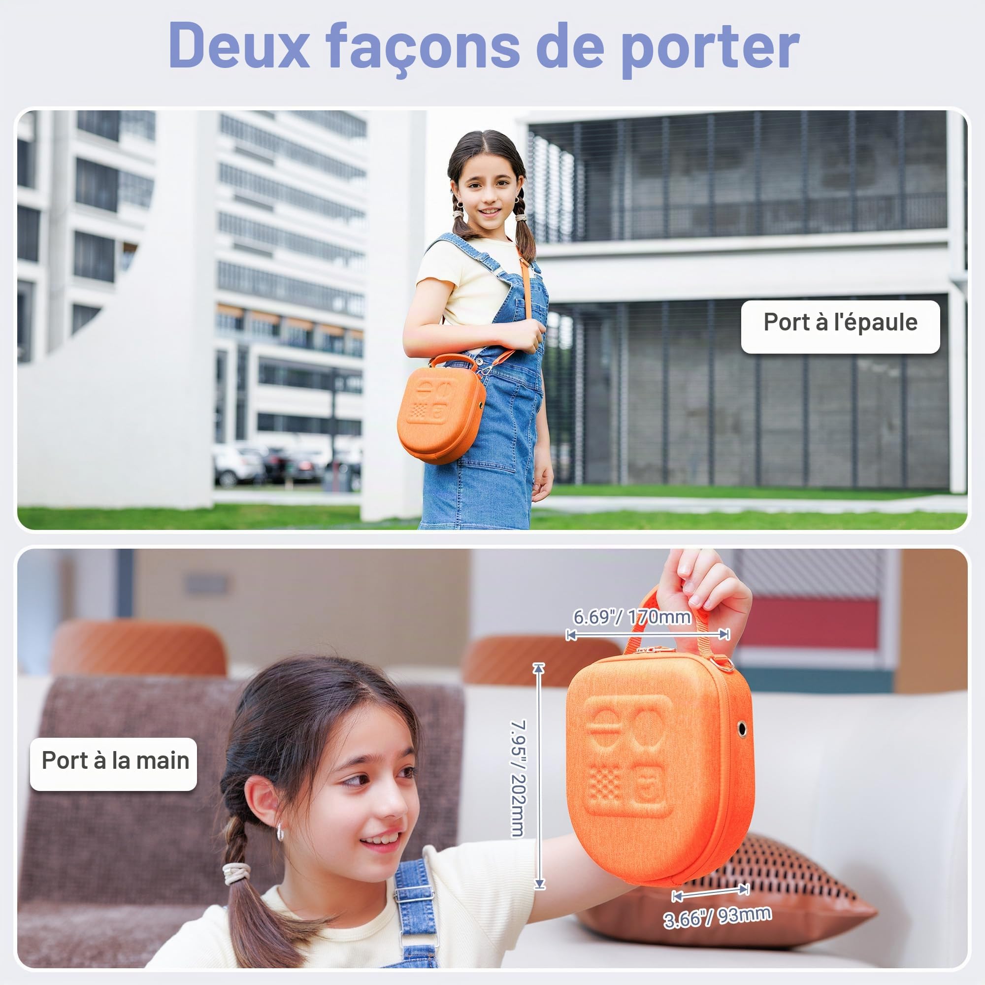 PROfezzion Étui de Voyage Sacoche Sac Enfants Case pour Yoto Mini et Casque - Sac de Rangement Coque Dure en EVA Premium avec Poche Dédiée Air Tag, Poignée, Bandoulière et Porte-Cartes (Orange/Grande)