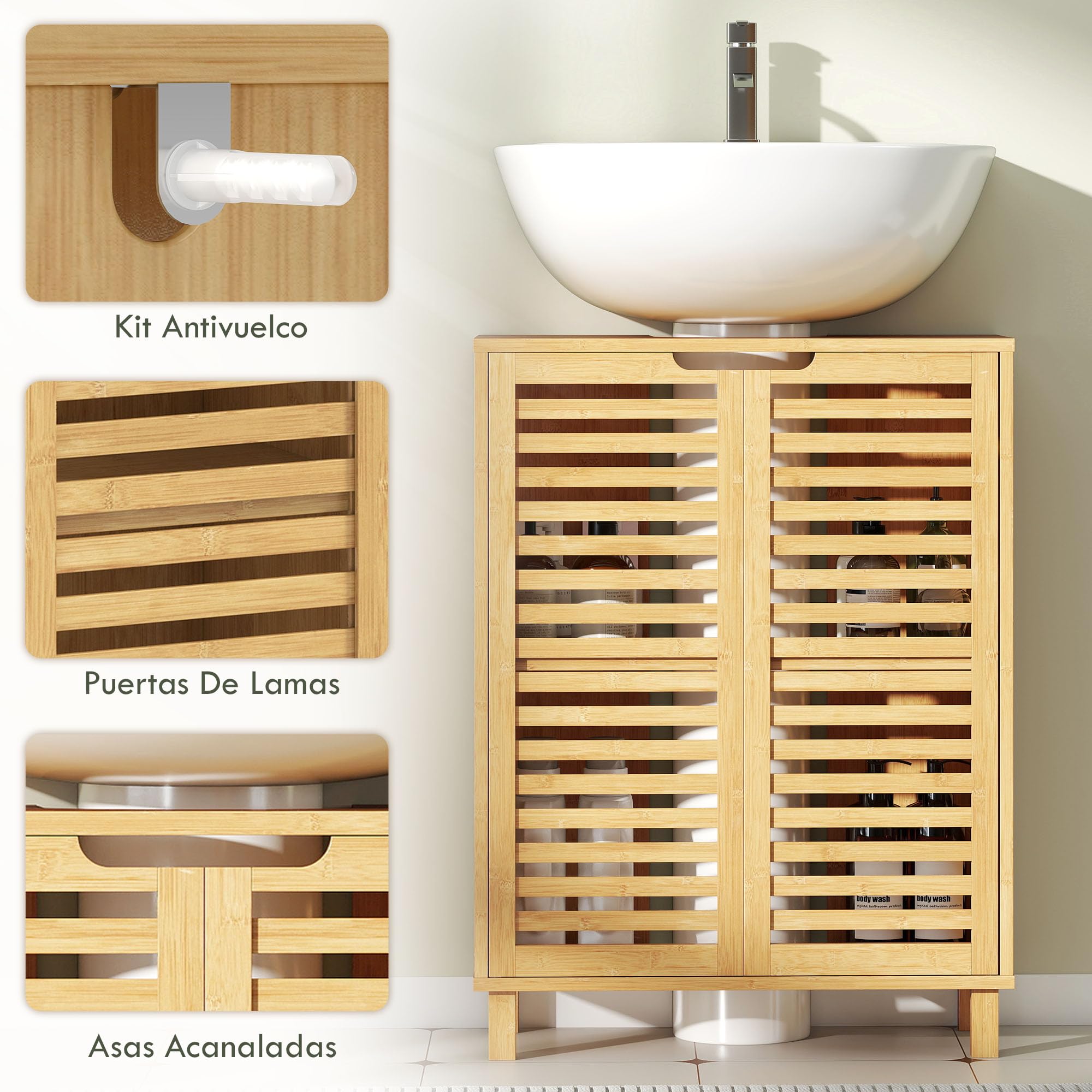 HOMCOM Mueble Bajo Lavabo de Bambú 2 Puertas de Lamas 60x30x80cm Natural | Estante Regulable, Mueble de Baño, para Lavabos con o sin Pedestal