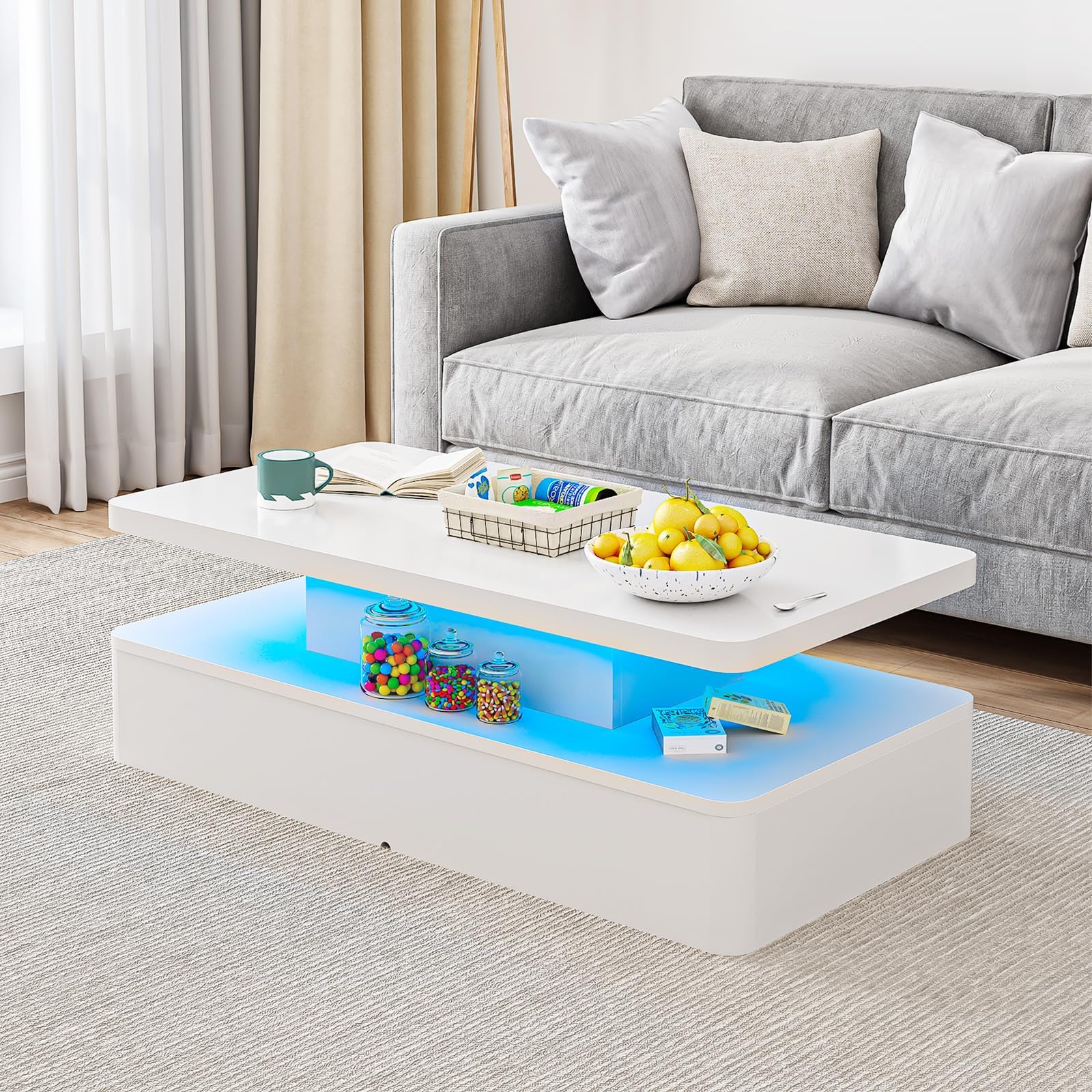 oneinmil Modern LED Coffee Table, 47" Living Room Tables with Double-Layer Design, 16 Colors LED Lights, Stylish Coffee Tables for Living Room, Home, Office, White