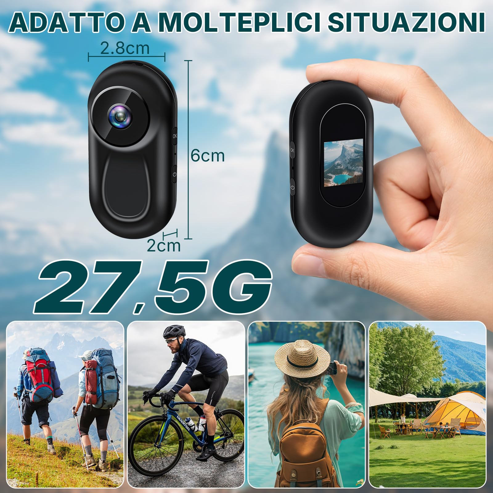 Action Camera Wi-Fi 2K, Mini Action Cam, Action Camera Tascabile | Action Camera da Casco con Attacco Magnetico e Display da 0,85 Pollici per Casco e Bicicletta, WiFi, Nera