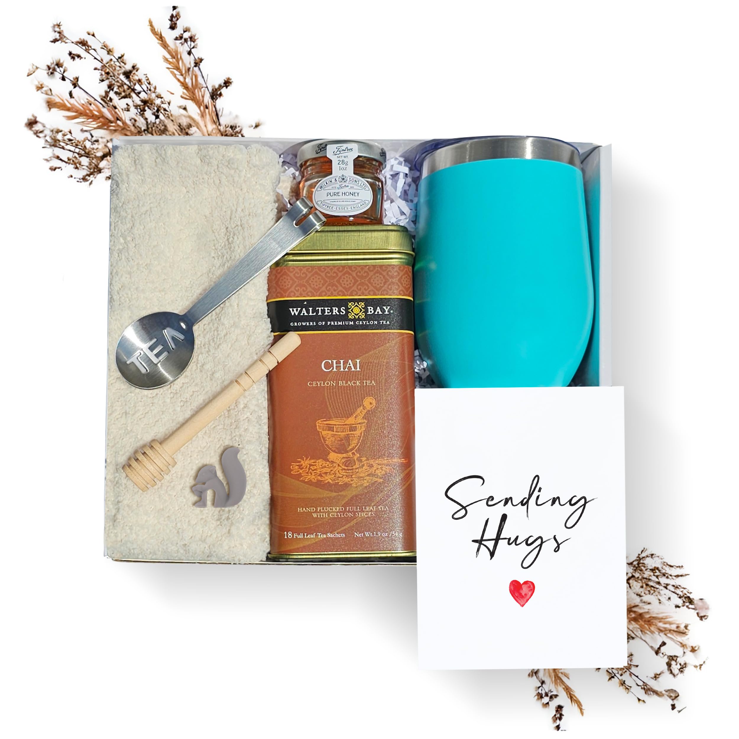 Modern Elegance Cesta de regalo para amantes del té, caja de regalo de té Thoughtful Get Well | Calcetines acogedores, vaso de acero inoxidable, 18 sobres de té de hoja completa, tarro de miel |
