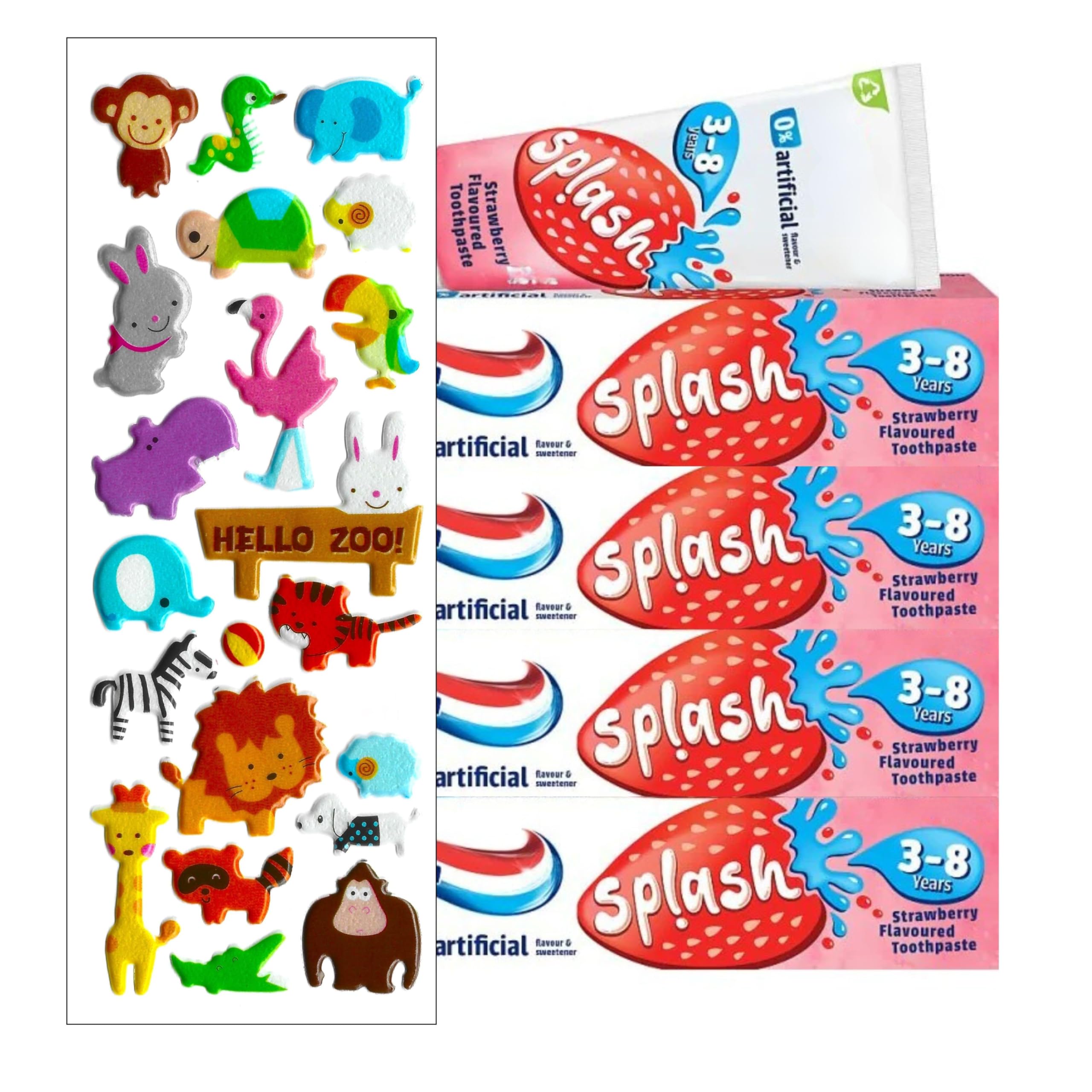 4 Pack Bundle Multipack - Aquafresh Splash Toothpaste 3-8 Years Strawberry Flavour (4X 50ml). A Hadco Bundle with Our Free Puffy Sticker Sheet (Sticker Sheets are Selected at Random) Kids Toothpaste.