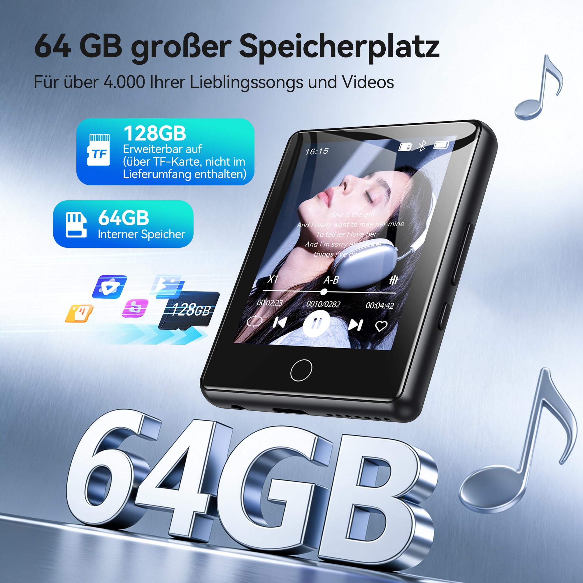 AGPTEK 64 GB MP3 Player Bluetooth 5.3, 2,8 Zoll Full-Touchscreen Musik Player, 60 Stunden Tragbarer HiFi Kinder MP3-Player mit Lautsprecher, FM-Radio, E-Book, Unterstützung bis zu 128 GB, Schwarz