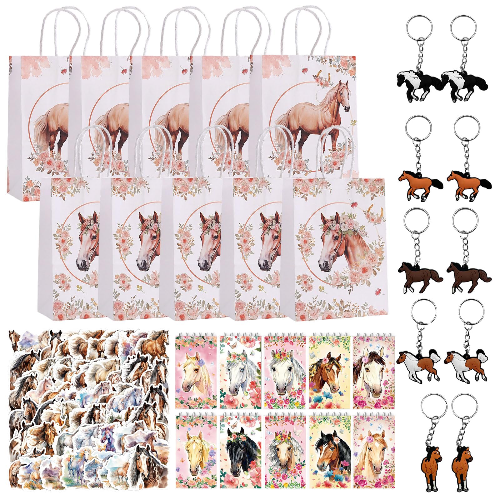 80PCS Horse Gifts for Girls, Including 10 Horse Gift Bags, 10 Notebooks, 50 Horse Stickers, 10 Keychains, for School, Family Gatherings, Family Celebrations, Surprise Gifts