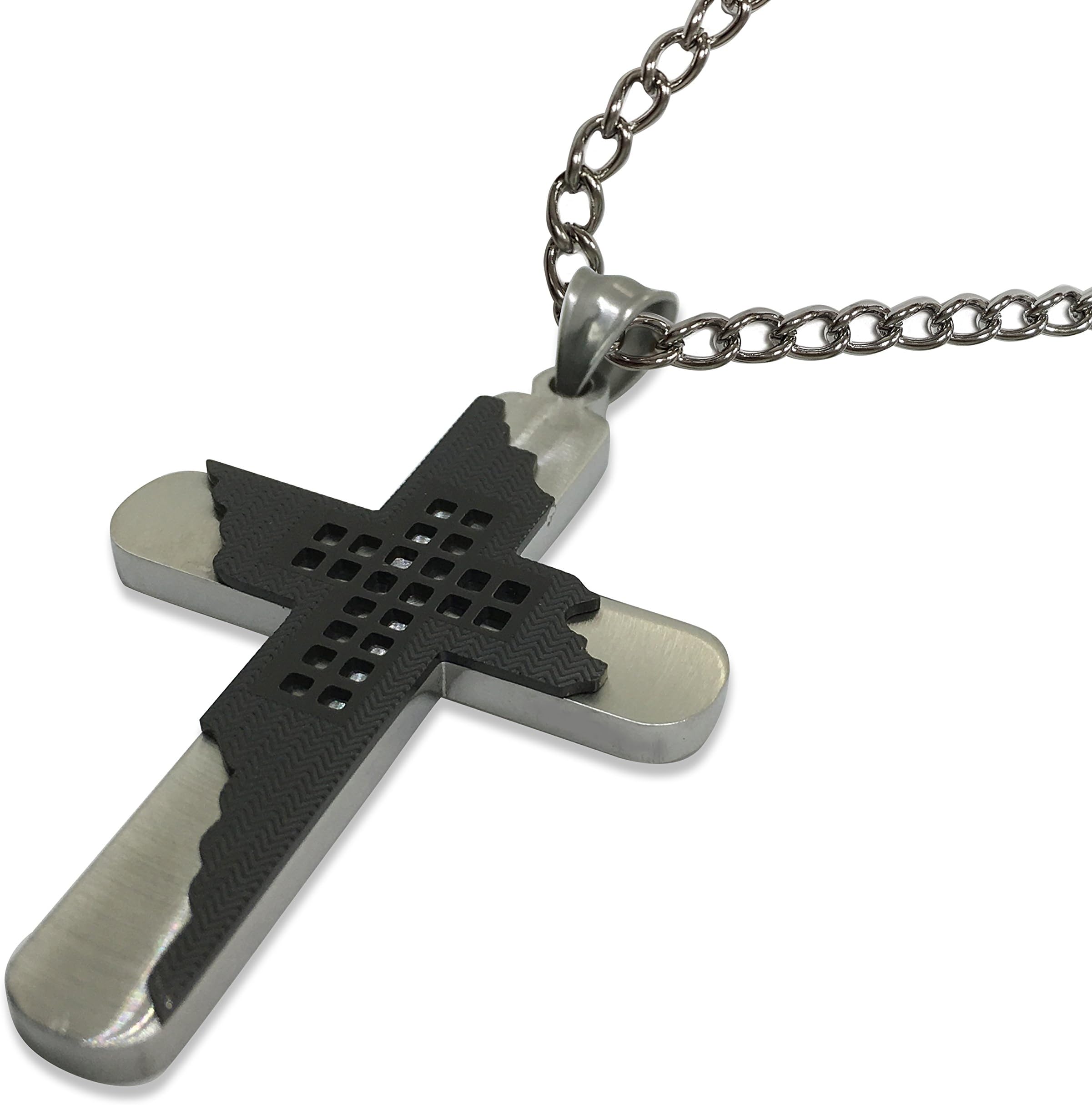Men Set Cross with Black Design + Curb Cuban Ball Chain Stainless Steel - 24" & 28" Inches