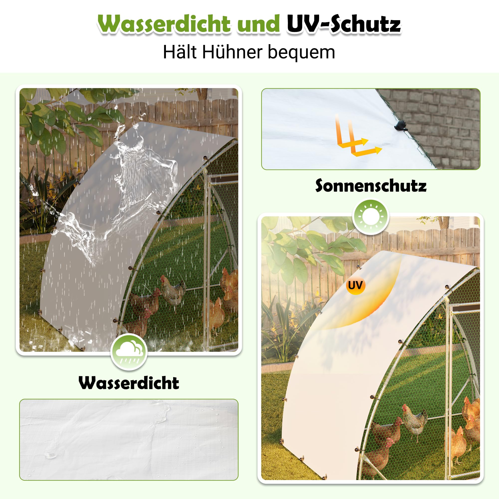 Thanaddo Hühnerstall Metall Freilaufgehege Hühner, 2,5x2 m Dreieckig-oval Hühnergehege mit PE-Tuch, Verzinkter Stahl Kleintierstall mit Riegelsystem-Tür für Hühner Haustierkäfig Kleintiere Garten
