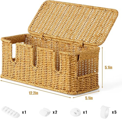 Miniatura 2 de Caja de organización de cables hecha a mano, organizador de cables de ratán de imitación con tapa, 3 ranuras abiertas adicionales para cables de TV,