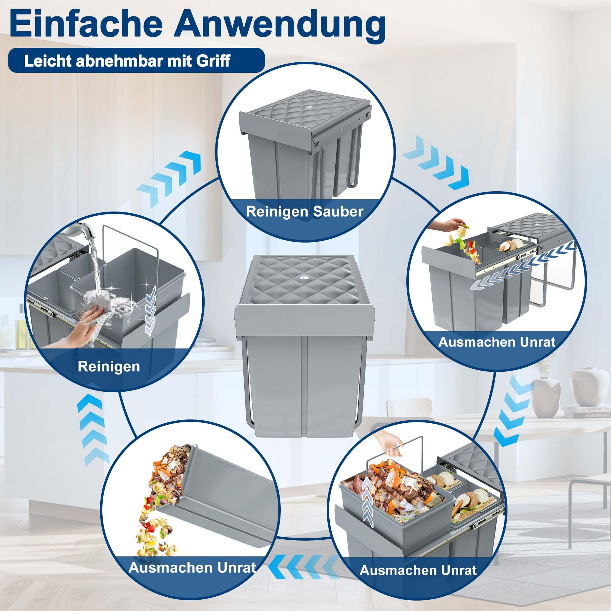 YUENFONG Einbaumülleimer 3 Fächer 2x10+20 Liter, Unterschrank Abfallsammler Mülleimer mit Teleskopschienen Ausziehbarer Mülltrennsystem Abfalleimer, 48 x 34,2 x 41,8cm