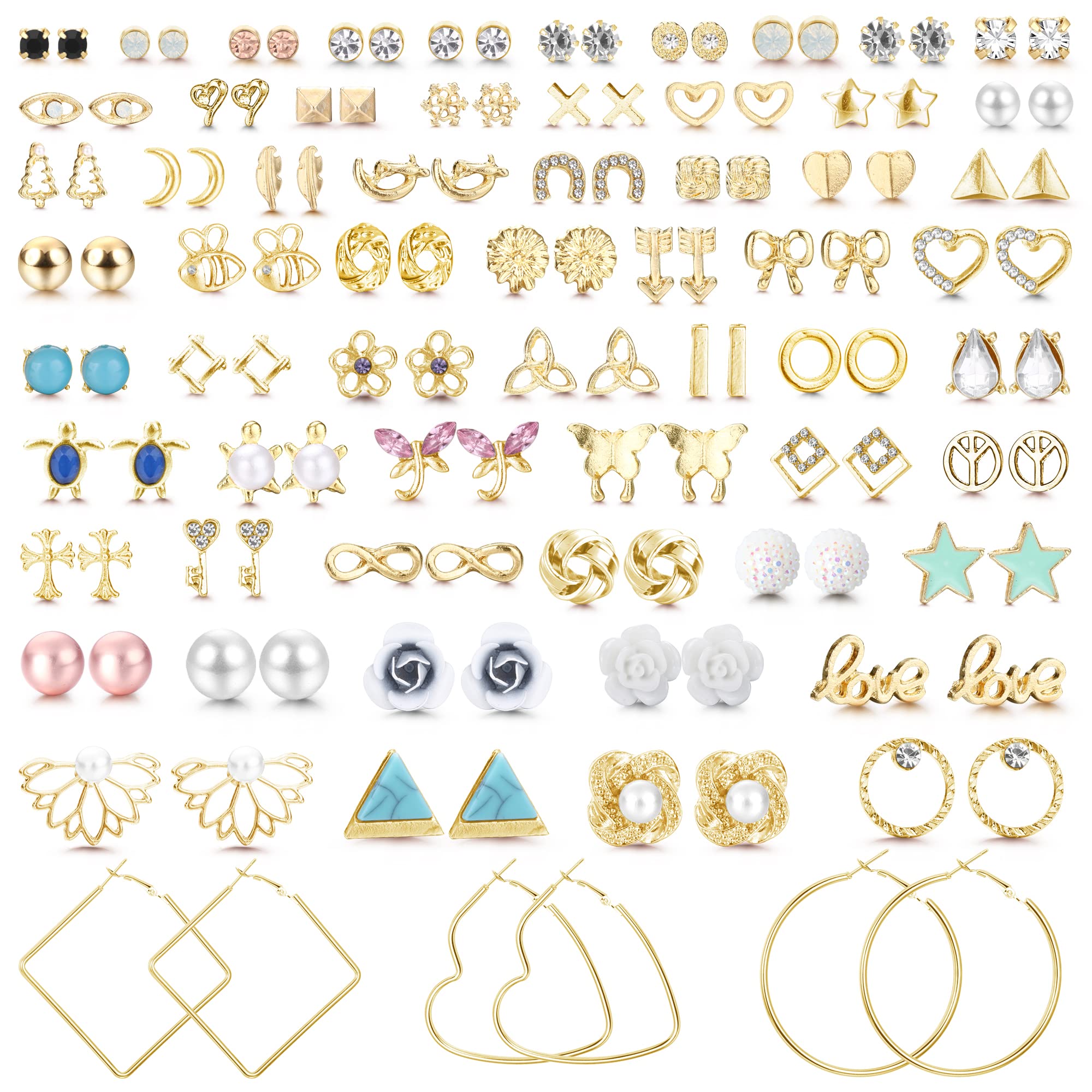 Adramata 64 Pairs Earrings for Women Assorted Stud Earrings Set Multiple Cute Earrings Packs Star Moon Leaf Heart Flower Bow CZ Ball Small Stud Earrings Geometric Big Hoop Earrings for Women