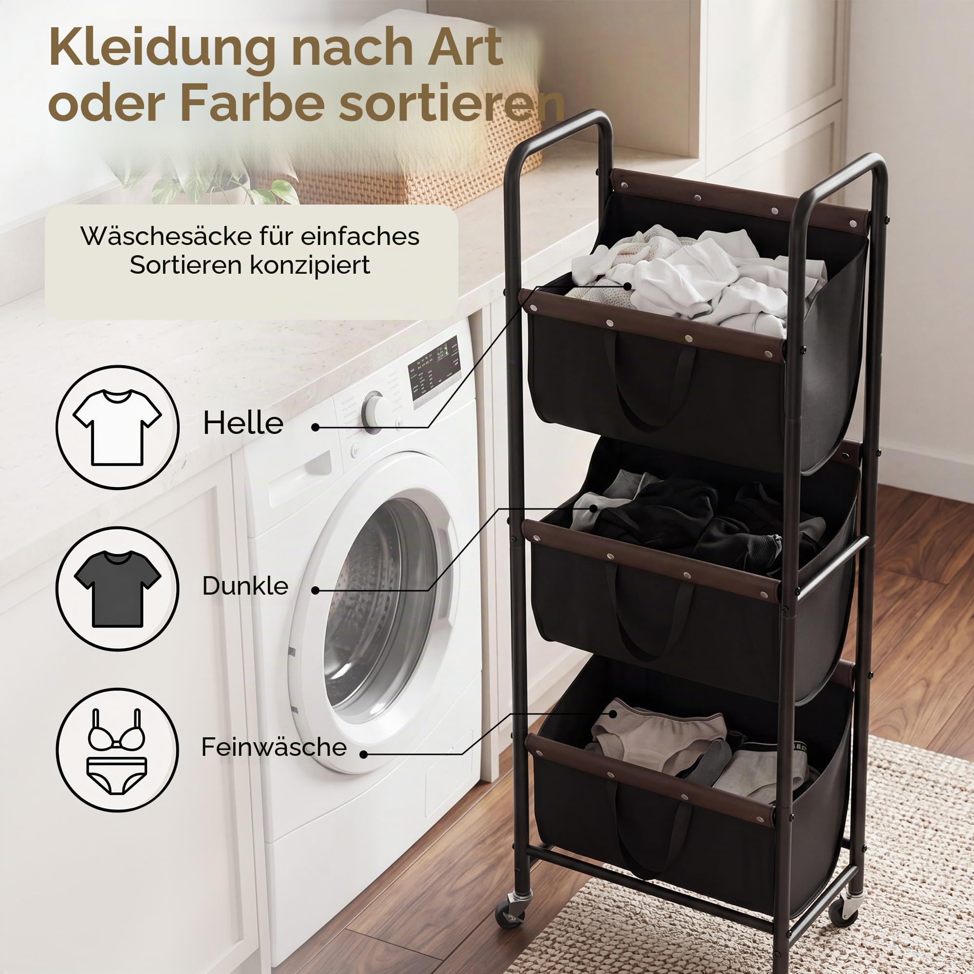 GRANNY SAYS Wäschekorb, Wäschesammler 3 fächer mit Rädern, 52x33x143 cm wäscheorganiser schmutzwäsche, wäsche sortiersystem auf Rollen für Wohnheim, Badezimmer, Schlafzimmer, Kleiderschrank, Schwarz