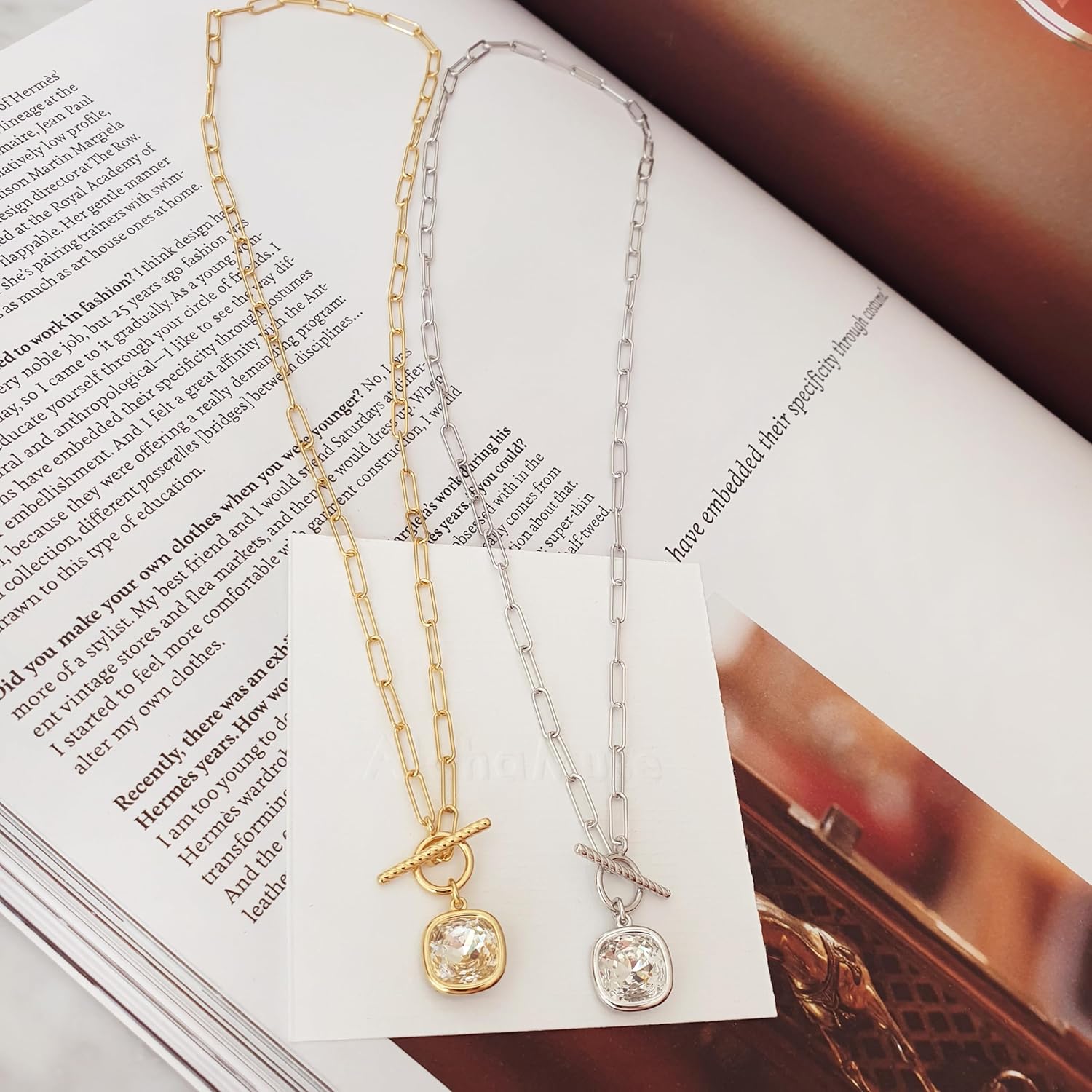 Toggle Paperclip Link Chain Necklace Cubic Zirconia Square Oval Charm CZ Pendant T Bar Toggle Closure Bold Chain Linked Necklace Solid 925 Sterling Silver + 14K Gold, 24K White Gold