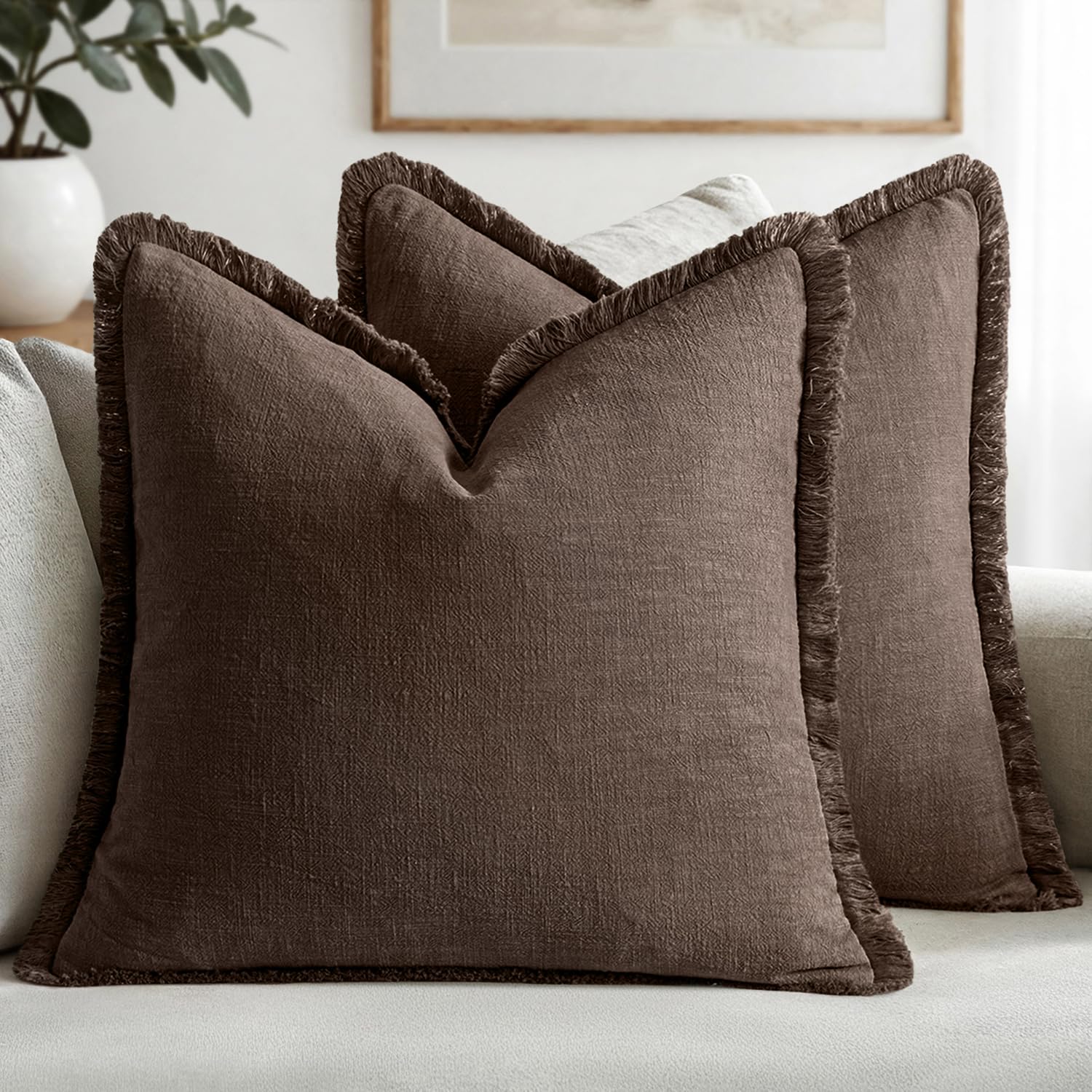 MIULEE Linen Fringe Decorative Fall Euro Pillow Covers Reddish Brown 22x22