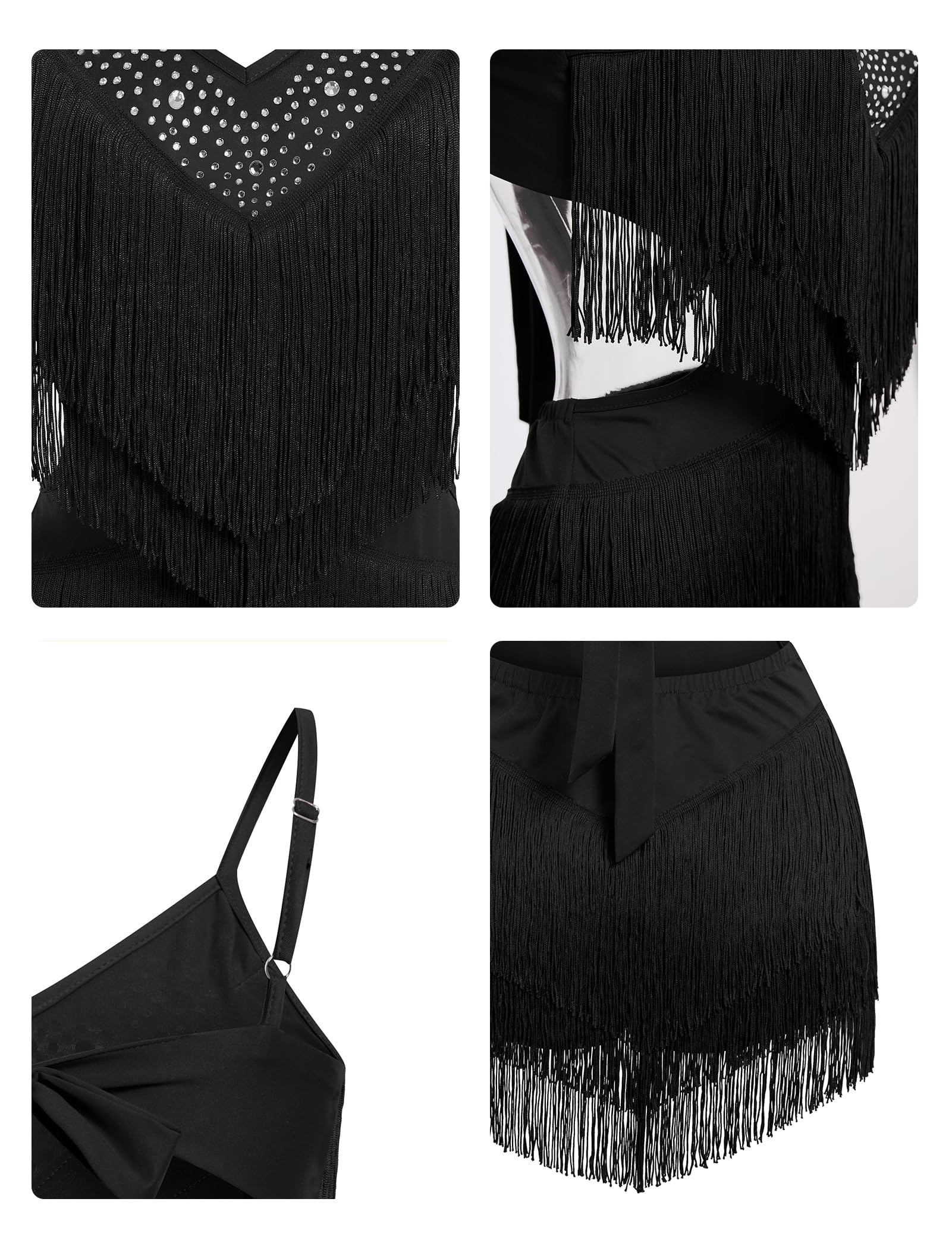 ODIZLI Damen-Tanzkleid mit Fransen, Strass, Turnanzug, verstellbare Spaghettiträger, V-Ausschnitt, Raffhalter, Salsa, Ballsaal, Tanz