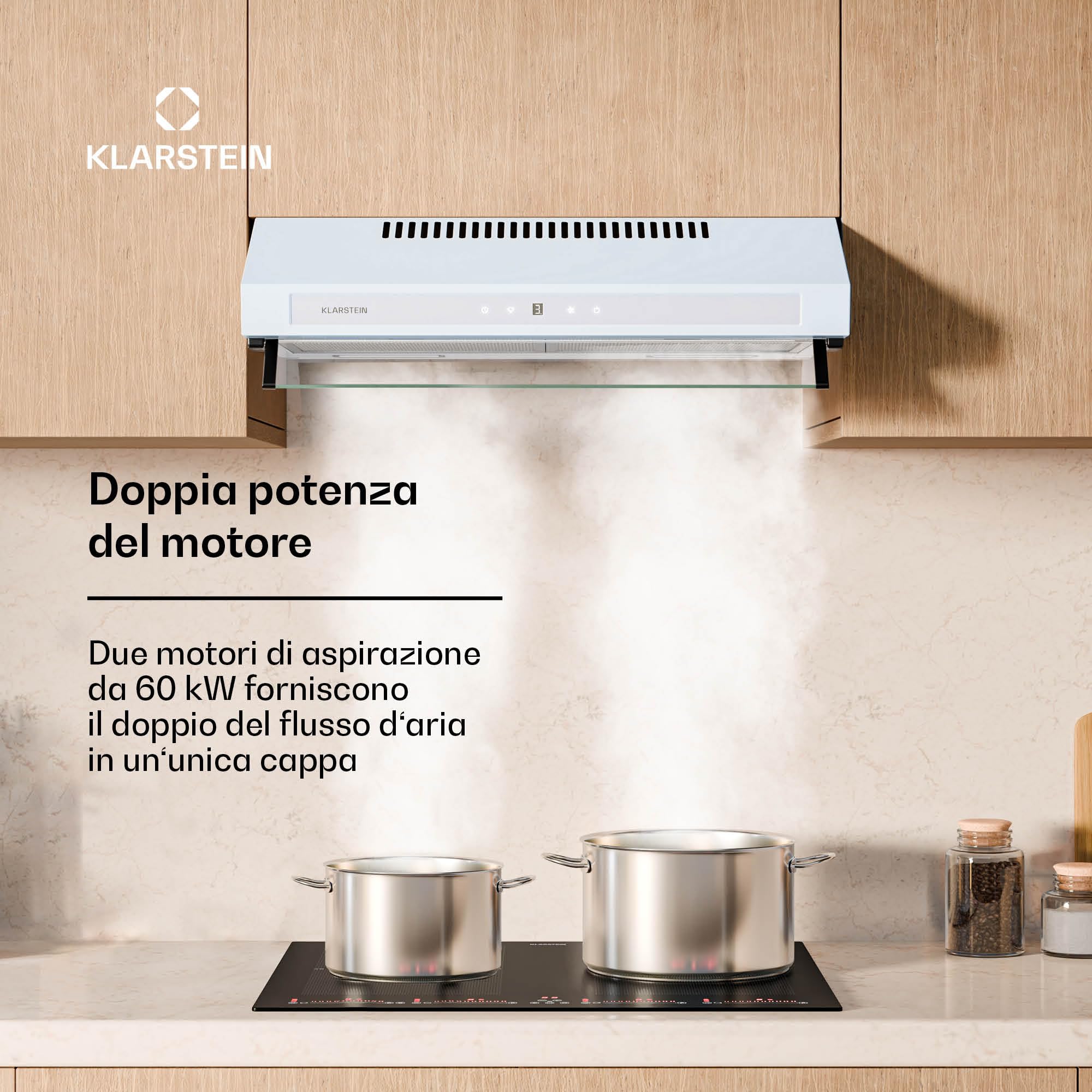 Klarstein Purista Force - Cappa Aspirante da Incasso, 60cm, 400 m³/ora, Doppio Motore, Touch LED, Efficienza Energetica C, Modalità di Scarico/Ricircolo, Illuminazione LED, Bianco