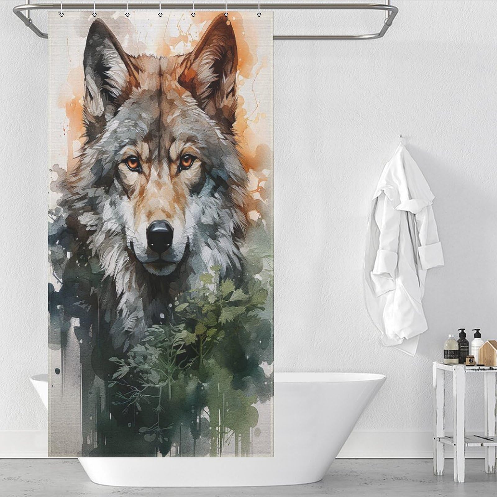 Rideau de douche loup 90x180 lavable en polyester pour baignoire