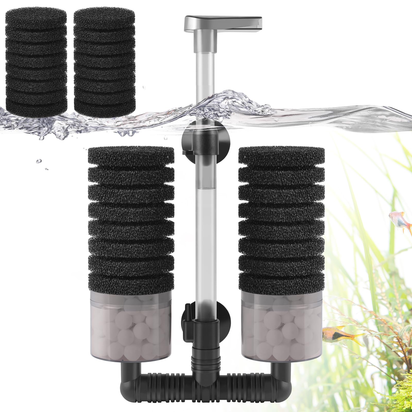 VILLNO Air Powered Aquarium Sponge Filter with Biochemical Sponge and Ceramic Balls
