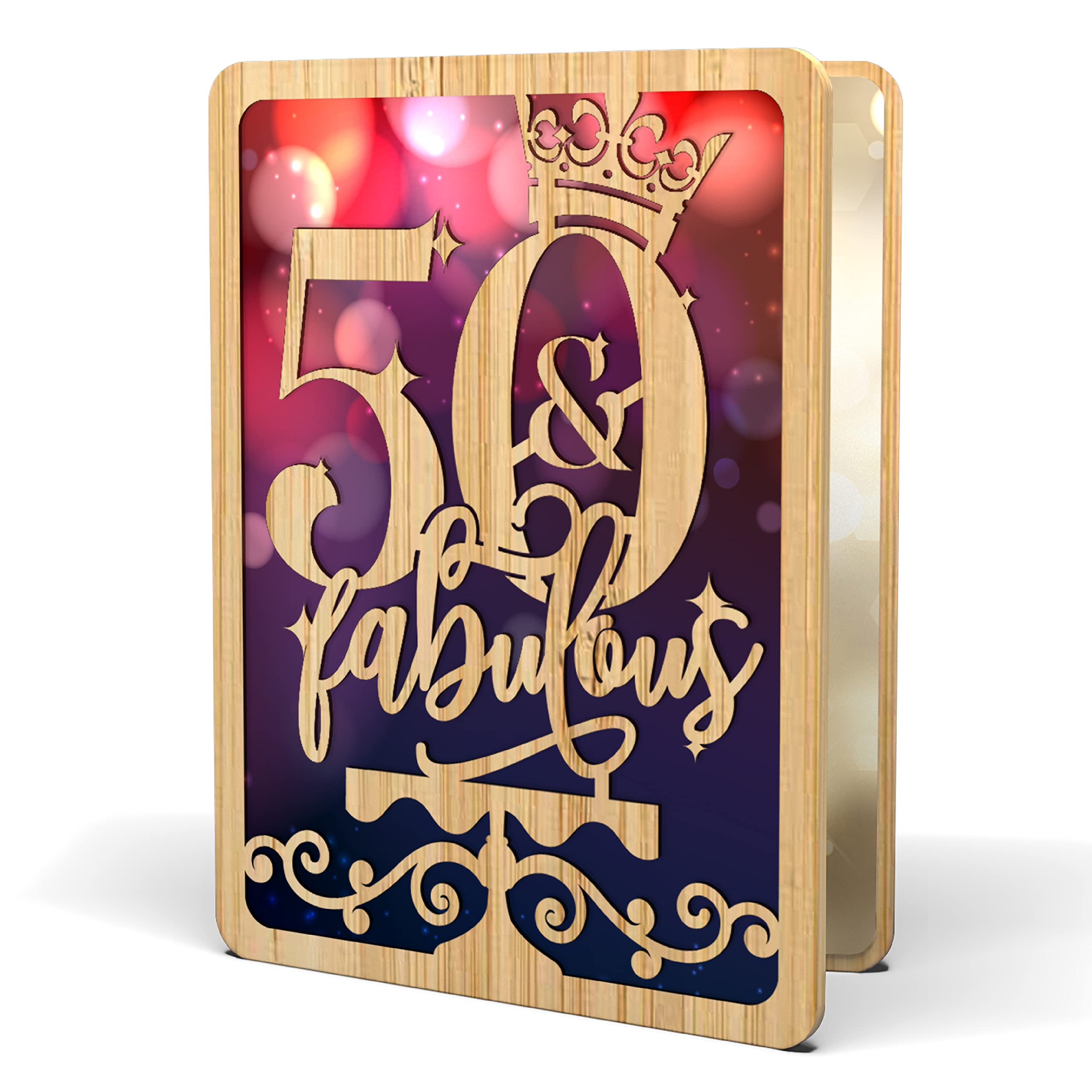 50th Birthday Cards For Women - | Made From Real Bamboo | 6" X 4.5" - 1 Pack (Envelope Included) | Laser Cut, Party Themed 50th Birthday Card for Wife