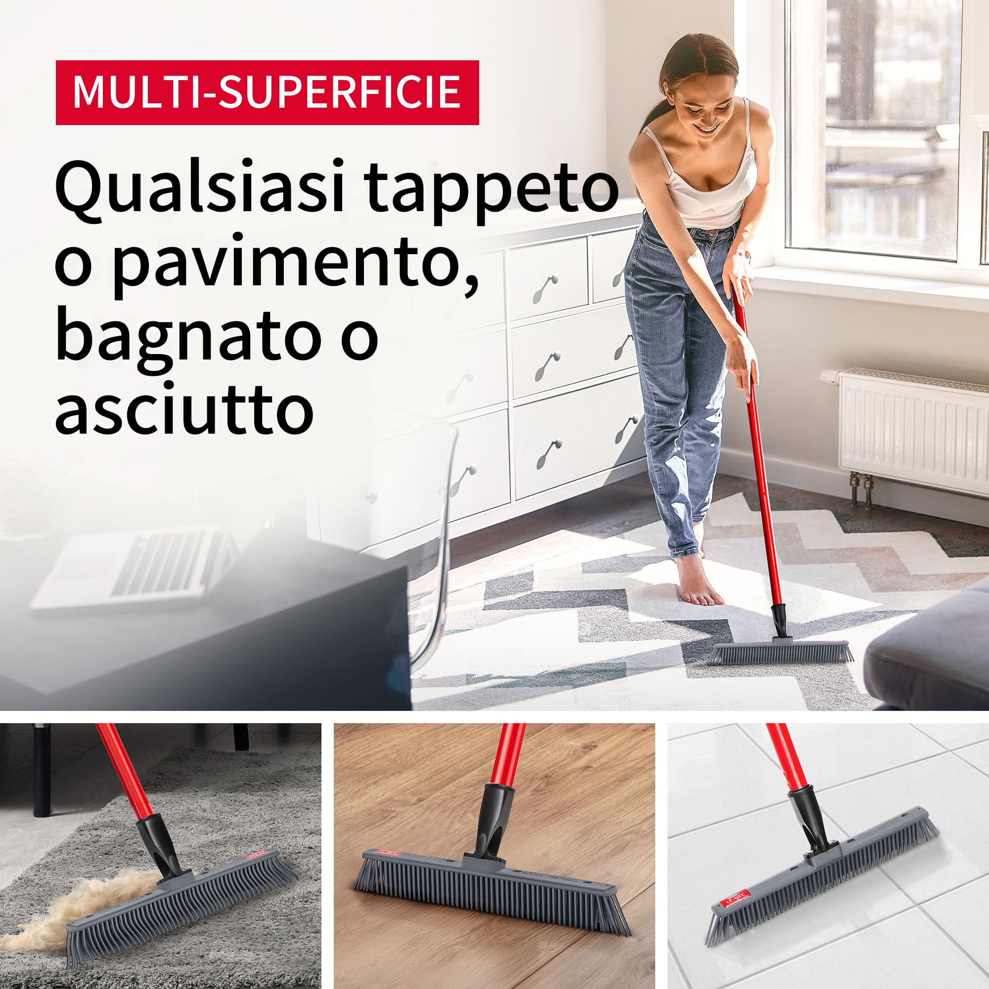 Tyroler Scopa in Silicone per Pavimenti Giapponese | Testa di 30 cm per Scopa Silicone Pavimenti | Manico Antiruggine di 140 cm in Acciaio Inox e Resistente alla Ruggine