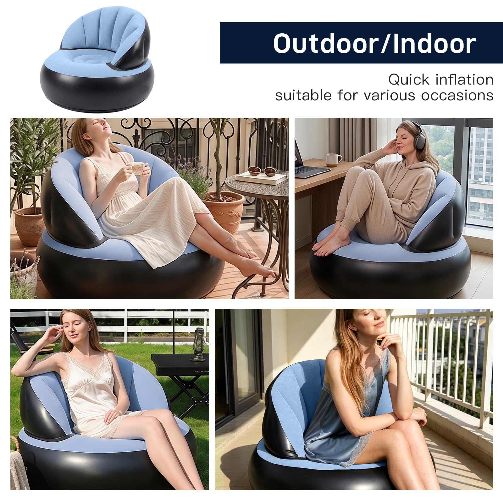 Canapé Gonflable avec Surface Floquée, Étanche Pouf Gonflable avec Pompe, Fauteuil Gonflable Exterieur et Intérieur pour Camping, Voyages, Piscine(Bleu Clair)