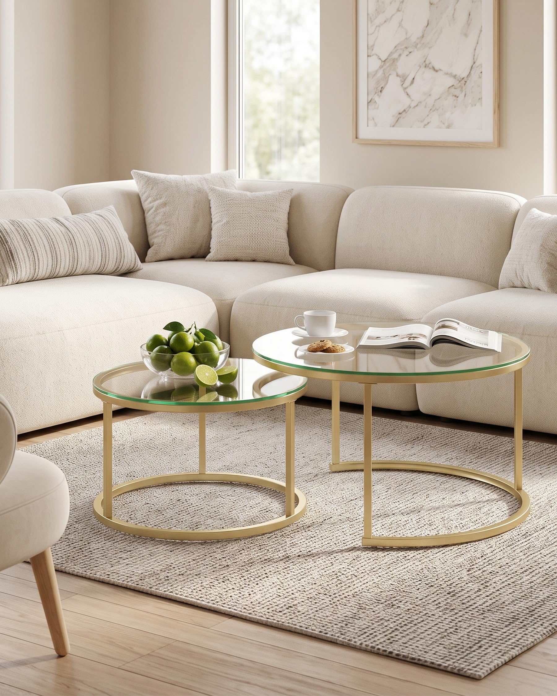 Tavolino Salotto in Vetro Set da 2 Ø80+60 cm, Tavolini da Salotto Rotondi in Vetro Trasparente e Struttura Dorata, Tavolo Salotto Moderno Impermeabile per Interno ed Esterno