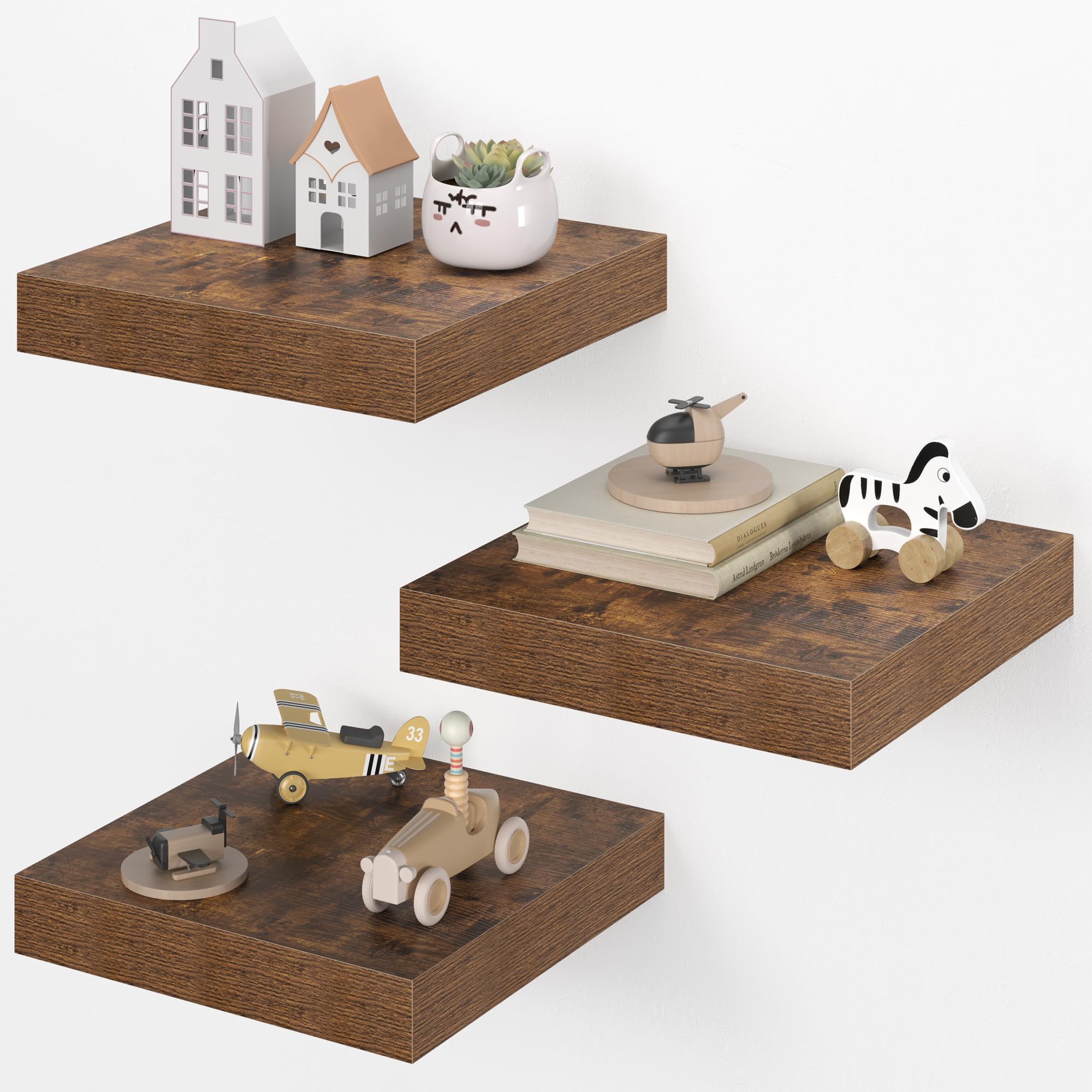 Dreamland 12x12 Floating Shelves for Wall, 12" Deep Thicker Floating Shelves, Wall-Mounted Shelves for Bedroom, Living Room, Kitchen, Bathroom,Rustic Brown - Set of 3
