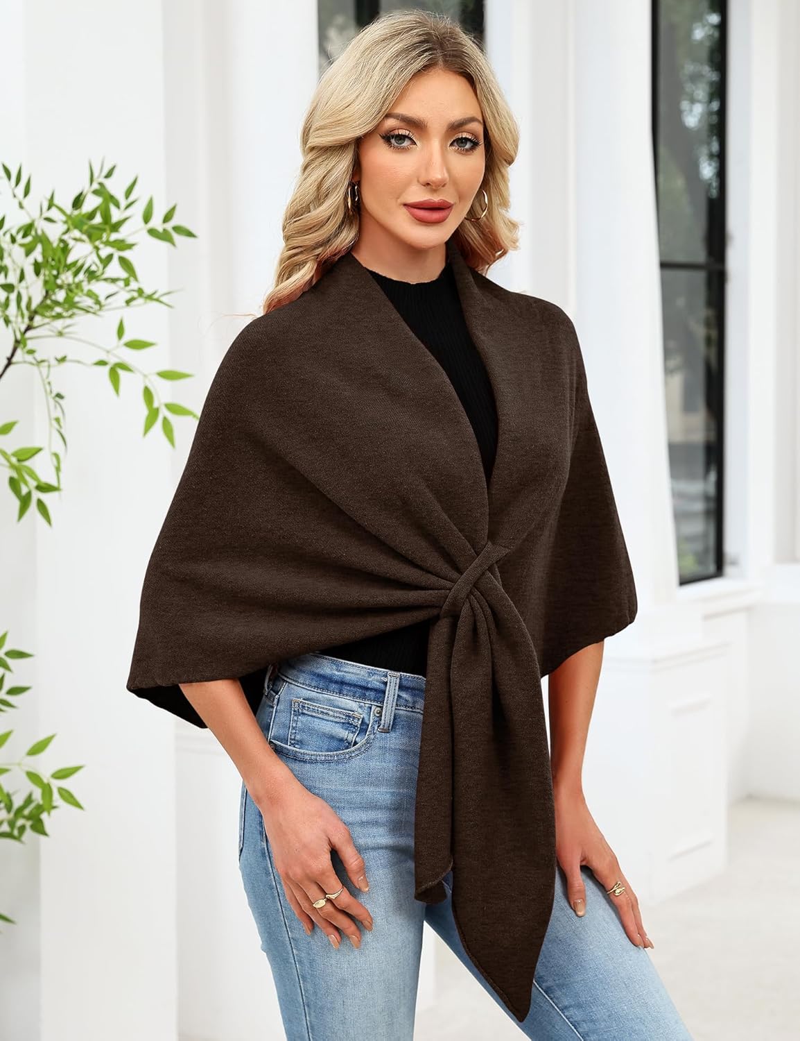iWoo Women Soft Shawl Wraps kintted Open Front Poncho Sweater for Spring Fall Winter - Image 2