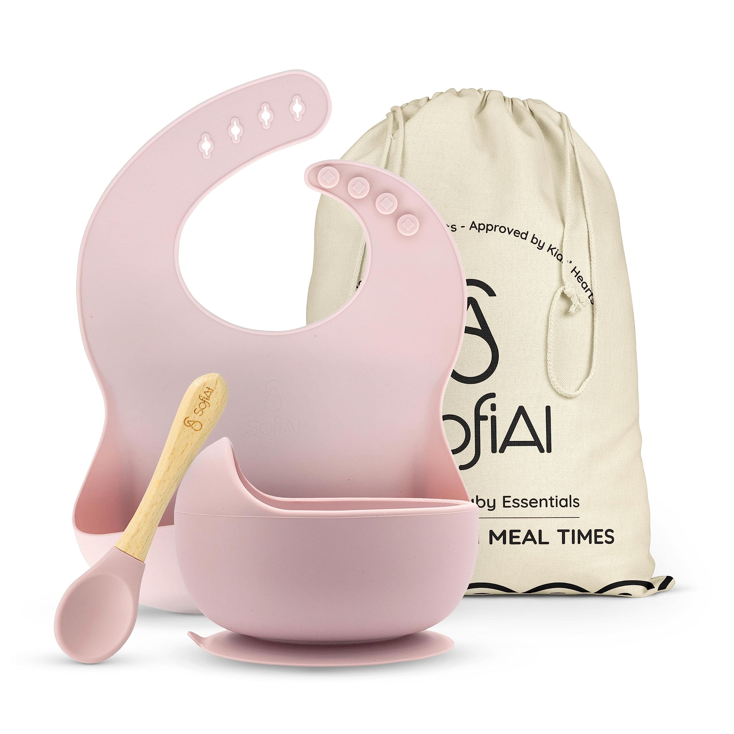All In One Silicone Baby Feeding Set By SofiAl - Safe for 6-12 Months - Non-Toxic Baby Led Weaning Supplies, Suction Plate Or Bowl, Bib, Spoon & Gift Bag - BPA-Free - Mess Free Baby Feeding Essentials