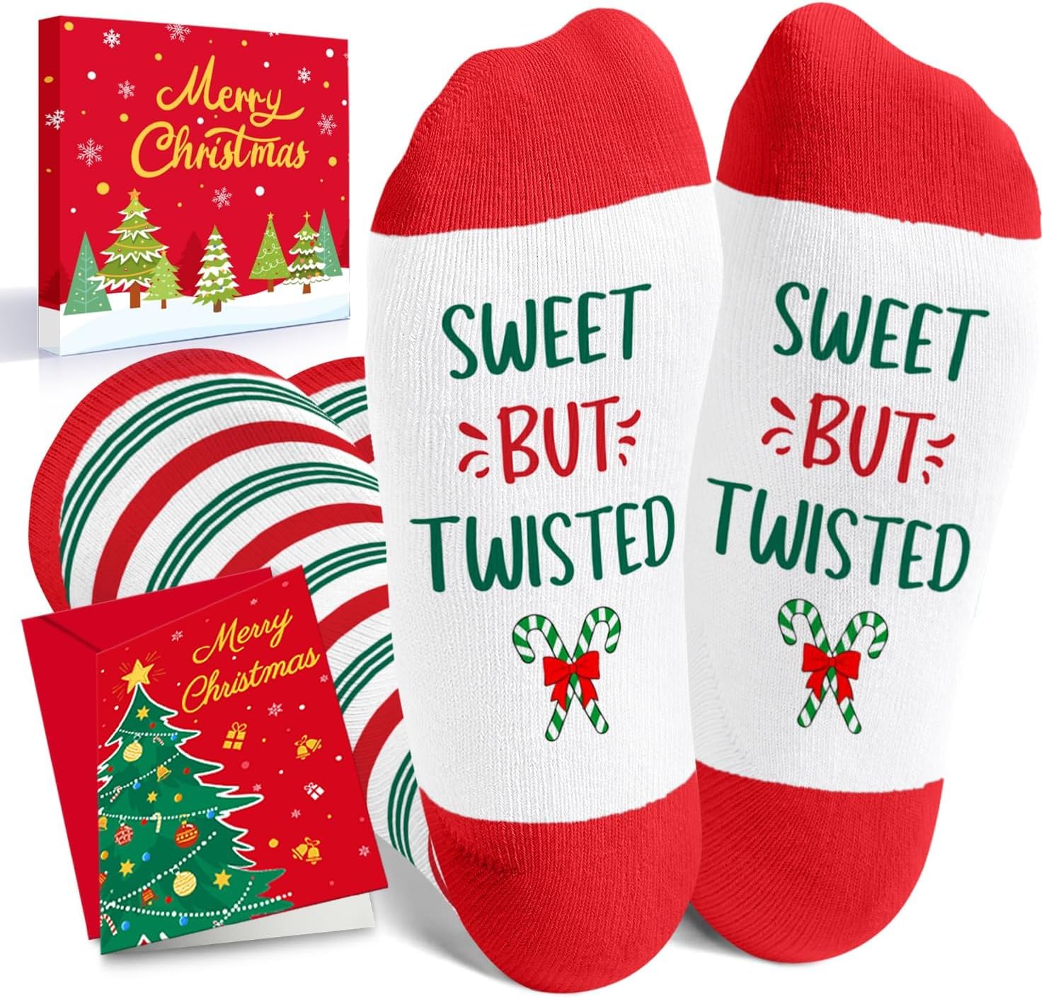 HAPPYPOP Kids Knee High Xmas Socks - Candy Cane Gift for Teen Boys Girls with Greeting Card