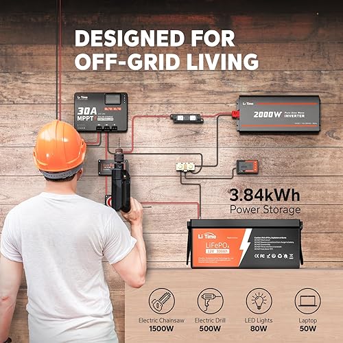 Miniatura 4 de LiTime Energía de 3.84 kWh con baterías LiFePO4 de 12 V 300 Ah, incluidas con un cargador solar MPPT de 1224 V 30 A y un inversor de onda sinusoidal