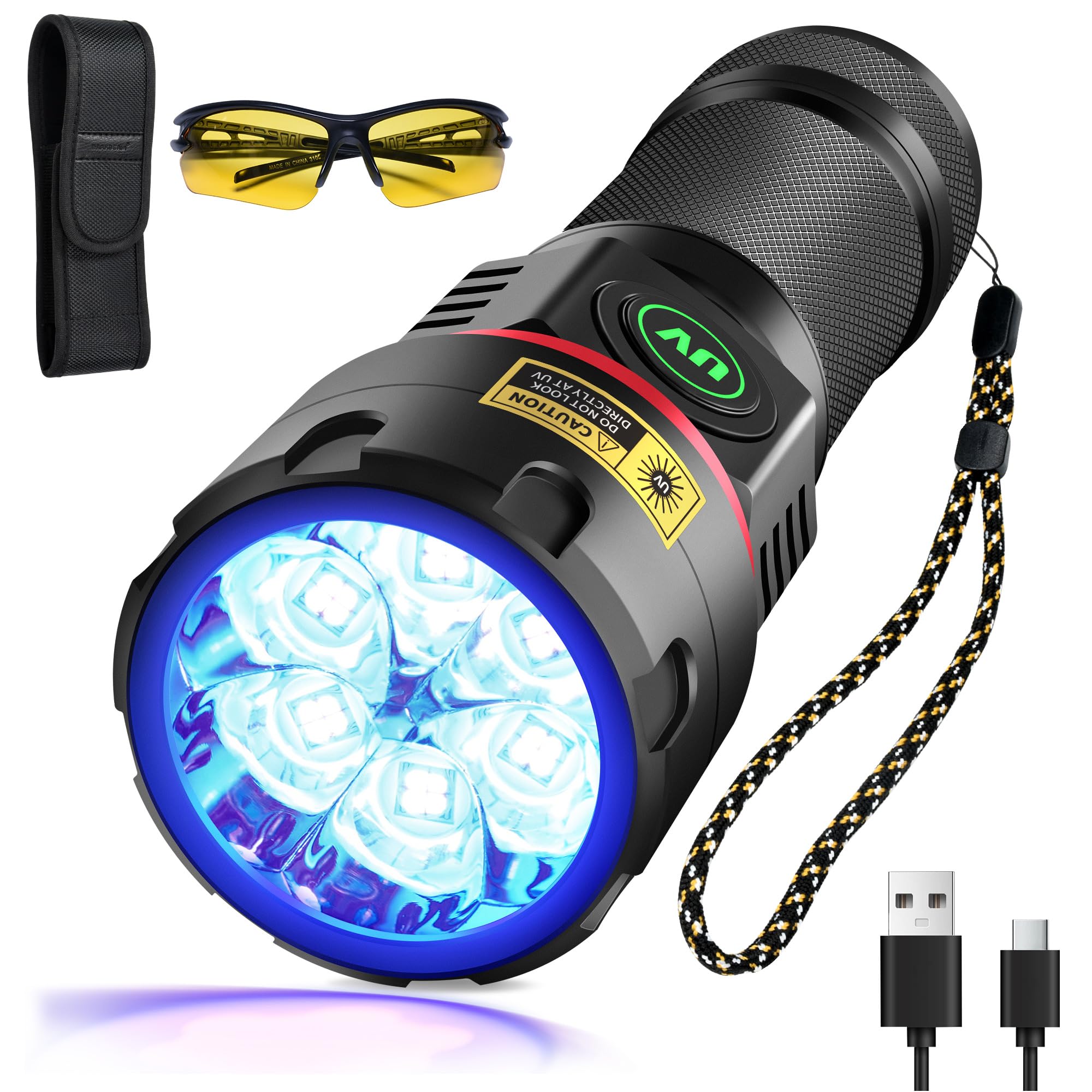 DARKBEAM UV Taschenlampe Schwarzlicht 365nm, 6xLED [4-Core] Taschenlampen Ultraviolett Aufladbar 80W Hohe Leistung, Woodsche Lampe Schwarz Licht für Haustier Urin, Bernstein, Uran Glas, Harz Härten