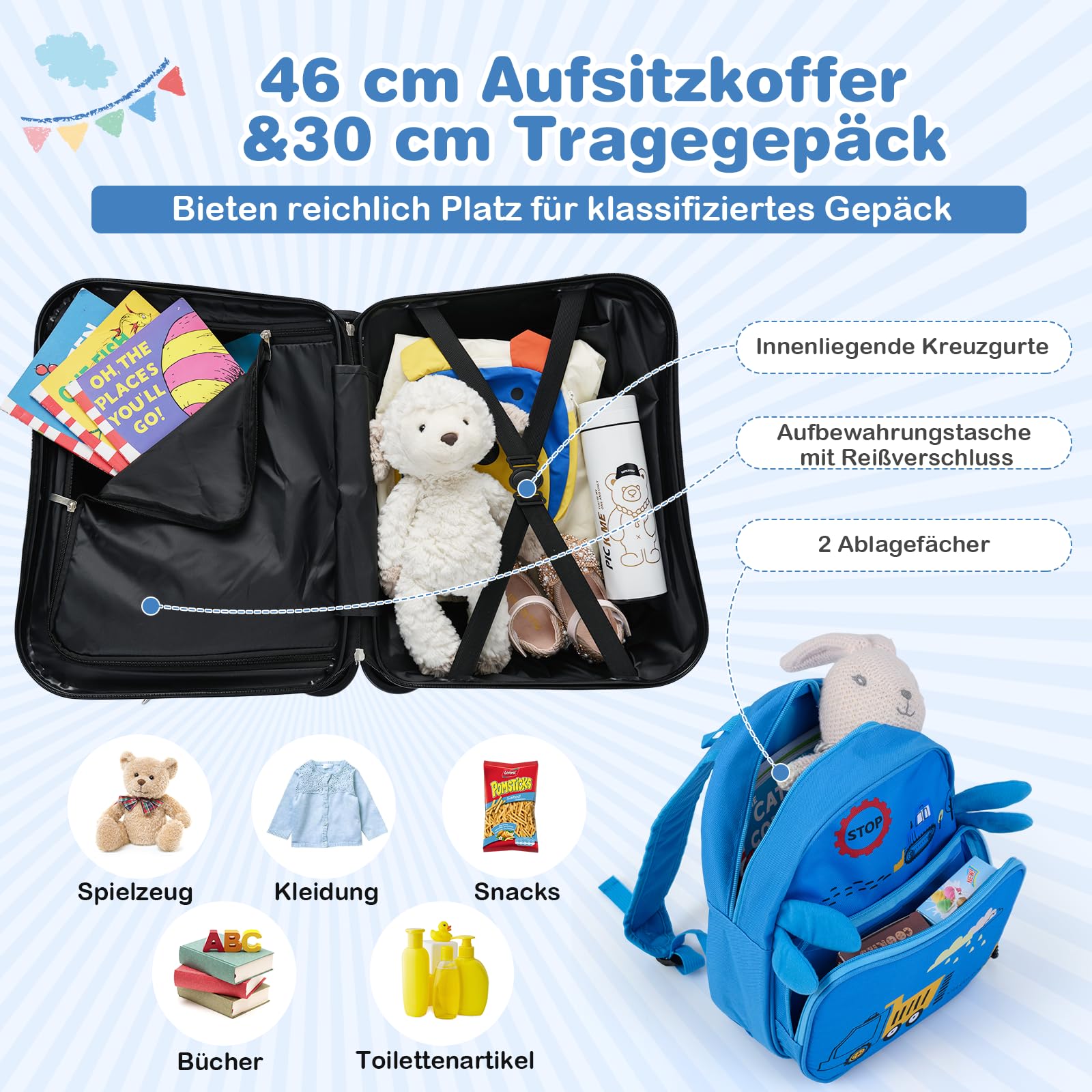 COSTWAY 2tlg Kinderkoffer + Rucksack, 12"+18" Kindertrolley mit Rollen & wasserdichter Hartschale, Kindergepäck mit Tragegurt, Seil & Fußstützen, Rollkoffer für Jungen Mädchen (Bagger)