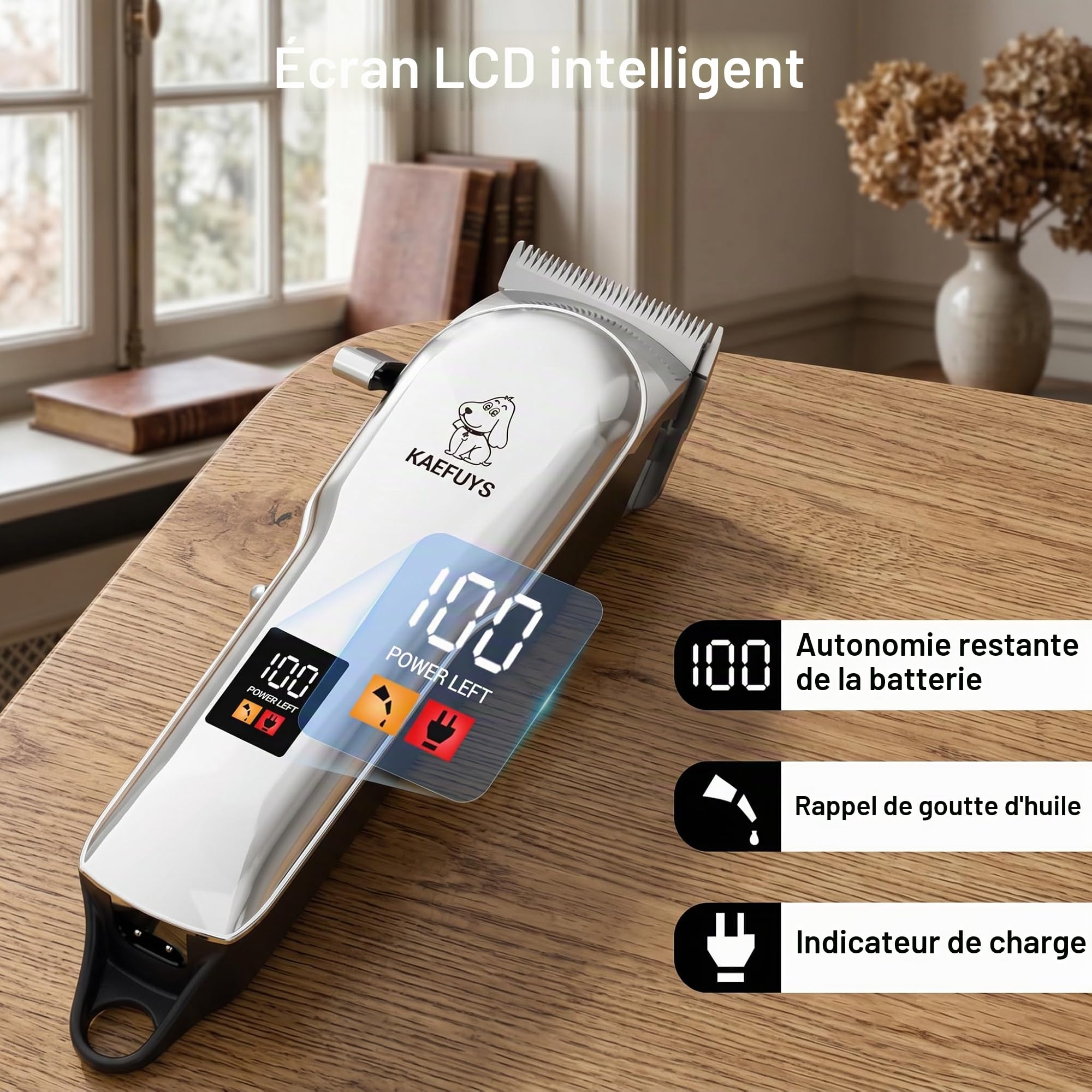 KAEFUYS Tondeuses Chiens Professionnelle IPX7 Tondeuse Animaux Sans Fil Faible Bruit Charge Rapide avec Ecran LCD et 6 Accessoires de Peigne Convient aux Grands Animaux de Compagnie