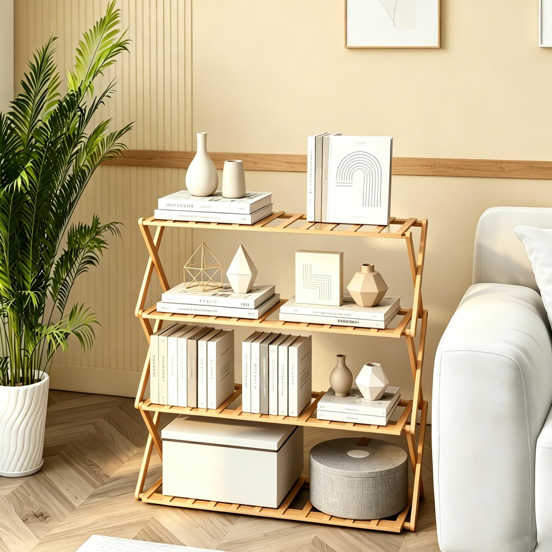 Meuble à Chaussures en Bambou à 4 Niveaux – Pliable, Gain de Place, Aucun Montage requis – Étagère à Chaussures en Bois pour couloirs, entrées, Chambres et Salons