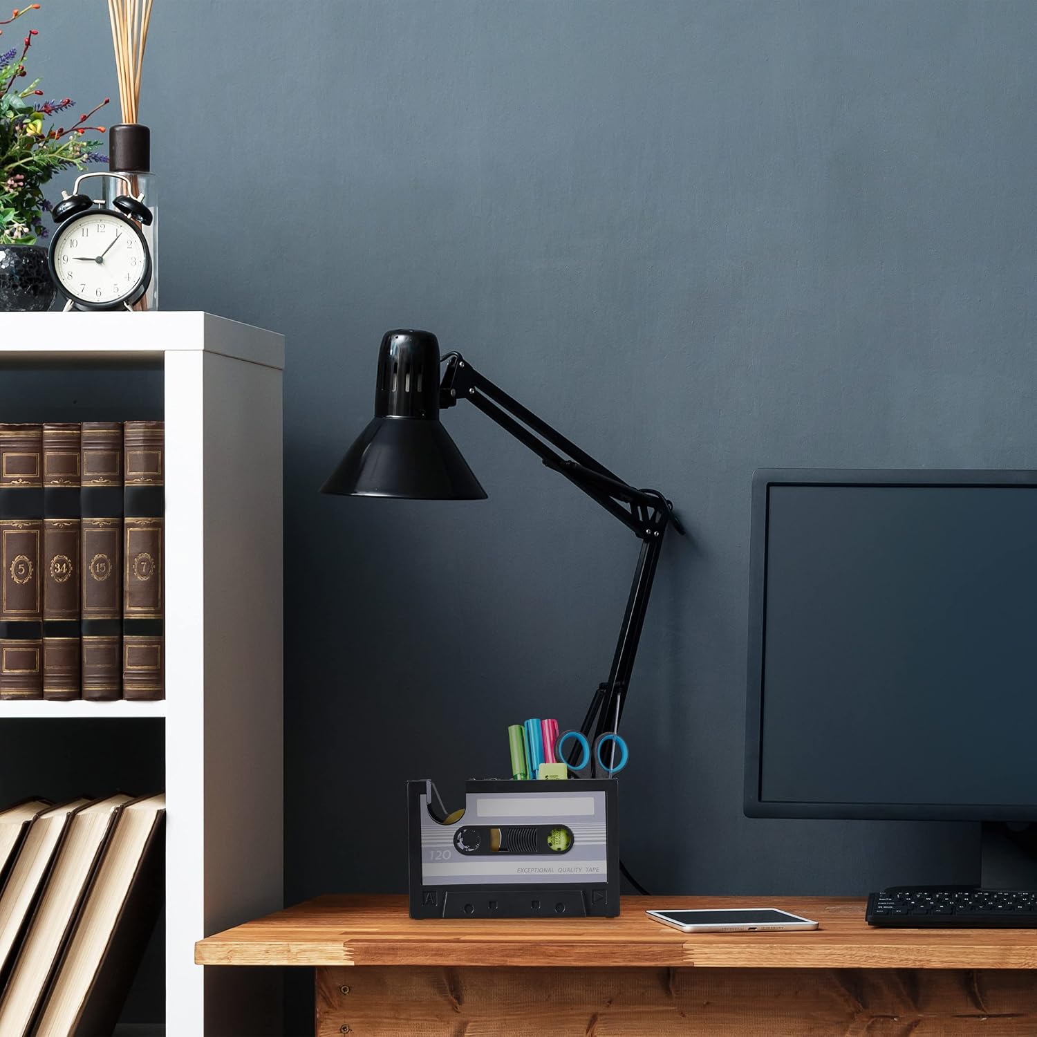 Relaxdays Pen Holder Cassette, Desk Organiser, Adhesive Tape, 3 Compartments, Retro Design, Pen Box, Office, Grey/Black