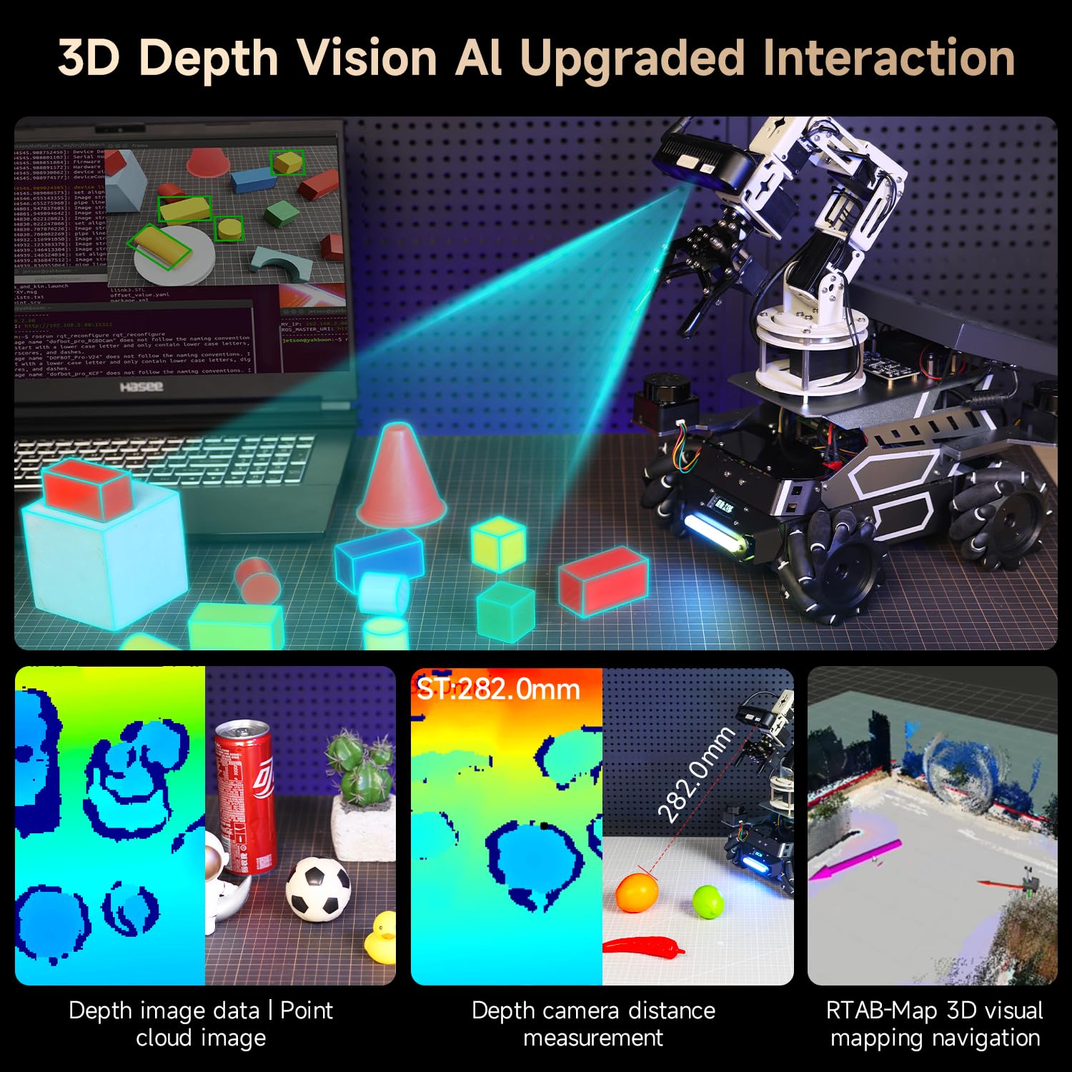 Yahboom ROS2 AI Voice-Controlled Robot Car, Equipped with Depth Camera and Robotic Arm Capable of 3D Grasping Objects,includes Touch Screen, Robotics Programming Project（with DP Ver Orin NX 16GB）