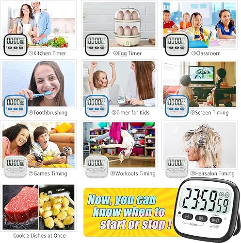 Miniatura 5 de Paquete de 2 temporizadores magnéticos de cocina para cocinar, cronómetro digital de cuenta regresiva para niños, profesores, aula, oficina,