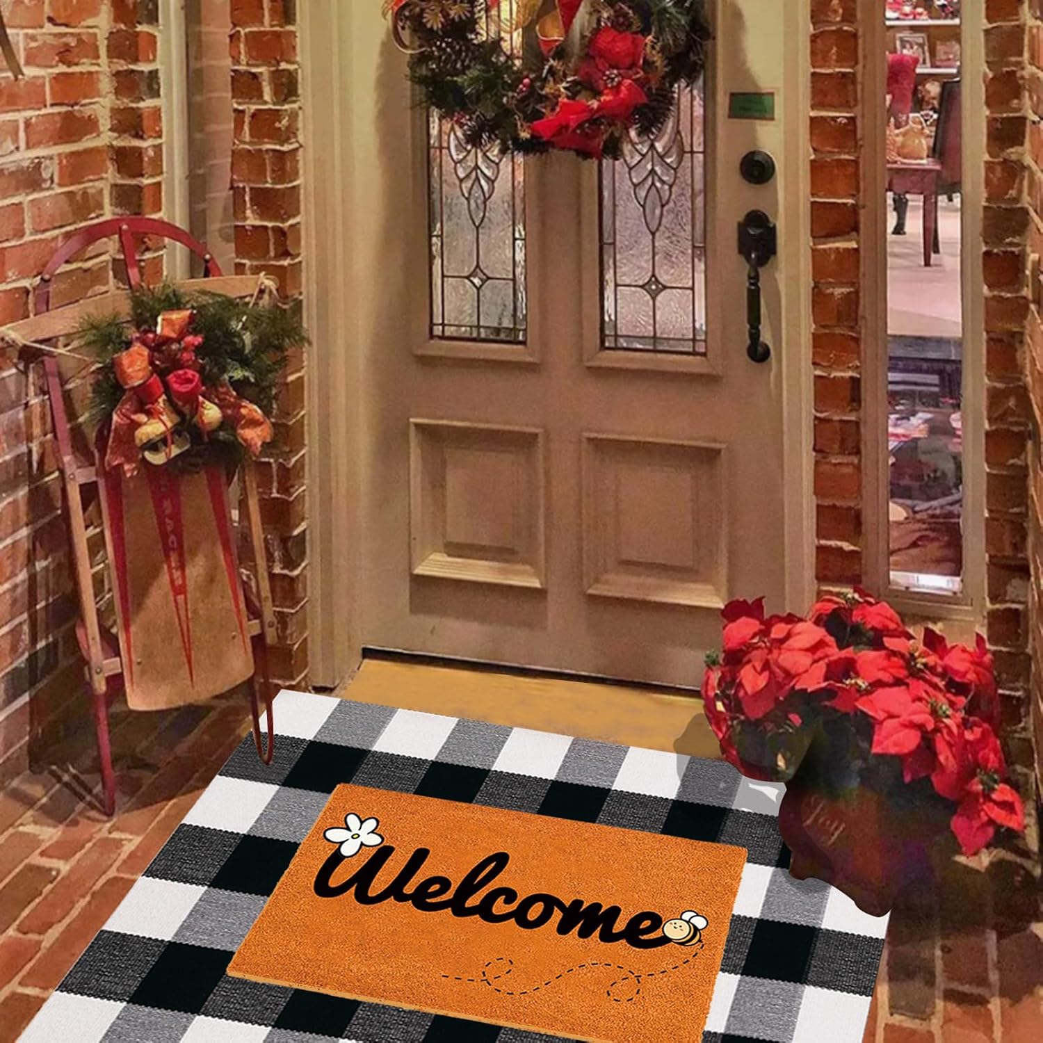 2 Pcs Non-Slip Artificial Coir Door Mat Set with Welcome & Bee Design, Layered Spring Decor for Farmhouse Front Porch Entryway, Seasonal Indoor/Outdoor Doormats