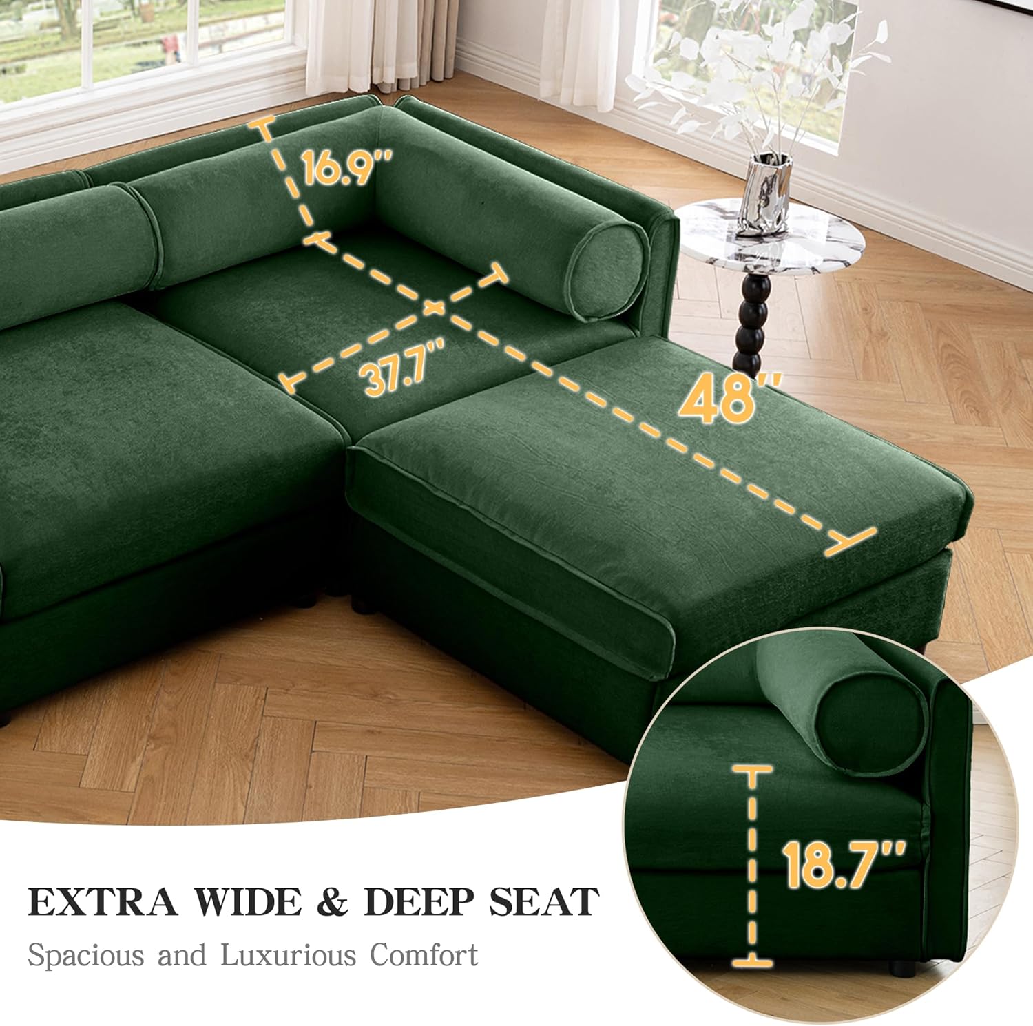 Oversized Modular Sectional Sofa, 142.5" Convertible U Shaped Storage Cloud Couch with Double Chaise, Cylindrical Pillow, Comfy Deep Seat Sofas, Modern Chenille Couches for Living Room, Green