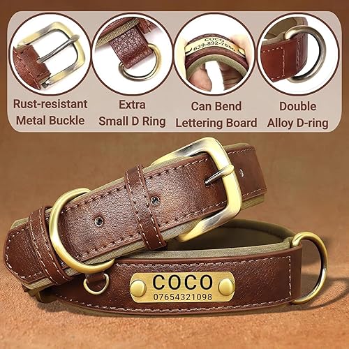 Miniatura 4 de Collar de perro de cuero personalizado y juego de correa, personalizado con diseño acolchado suave resistente con placa de nombre grabada