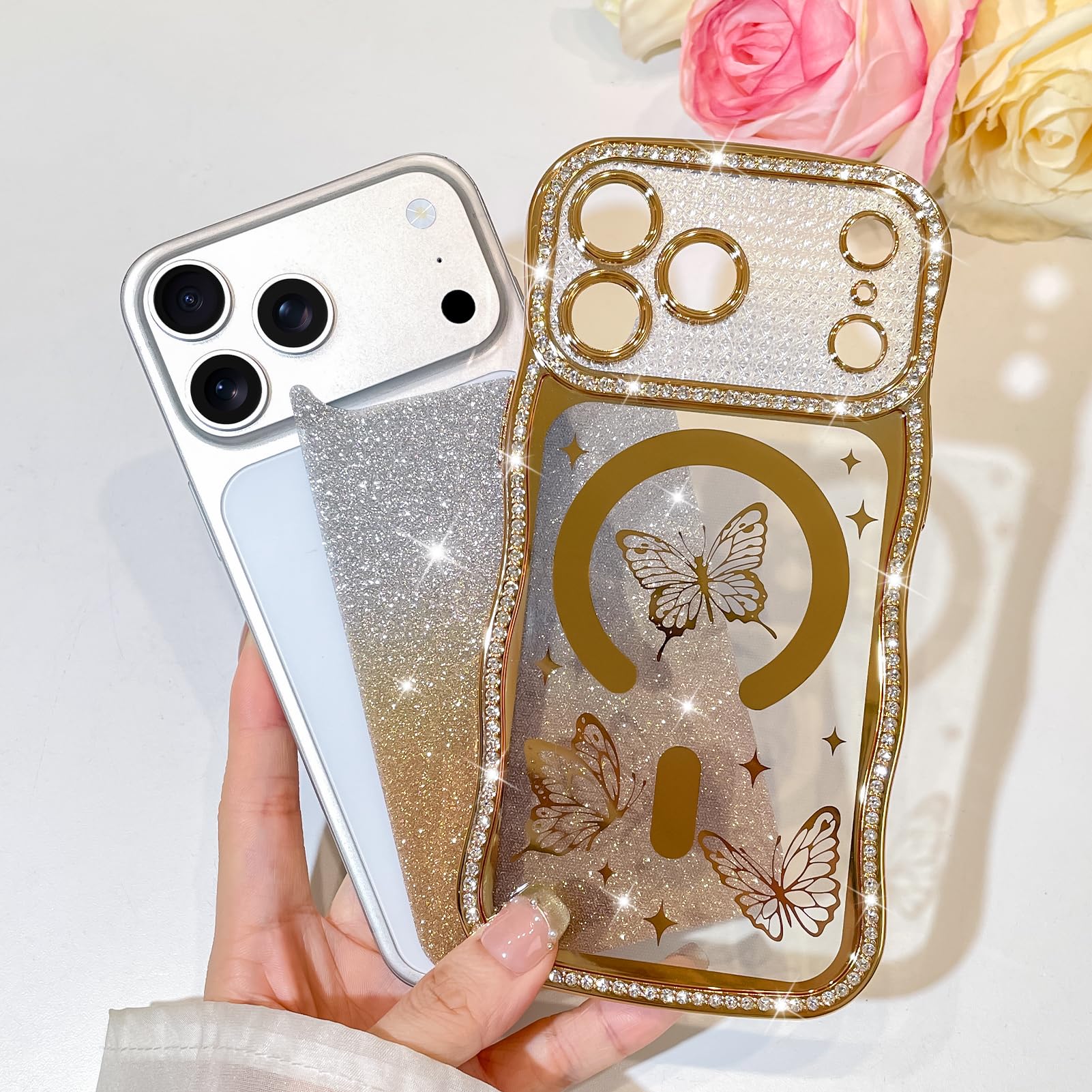 Bonoma Funda magnética para iPhone 17 Pro, diseño de mariposa dorada, borde
