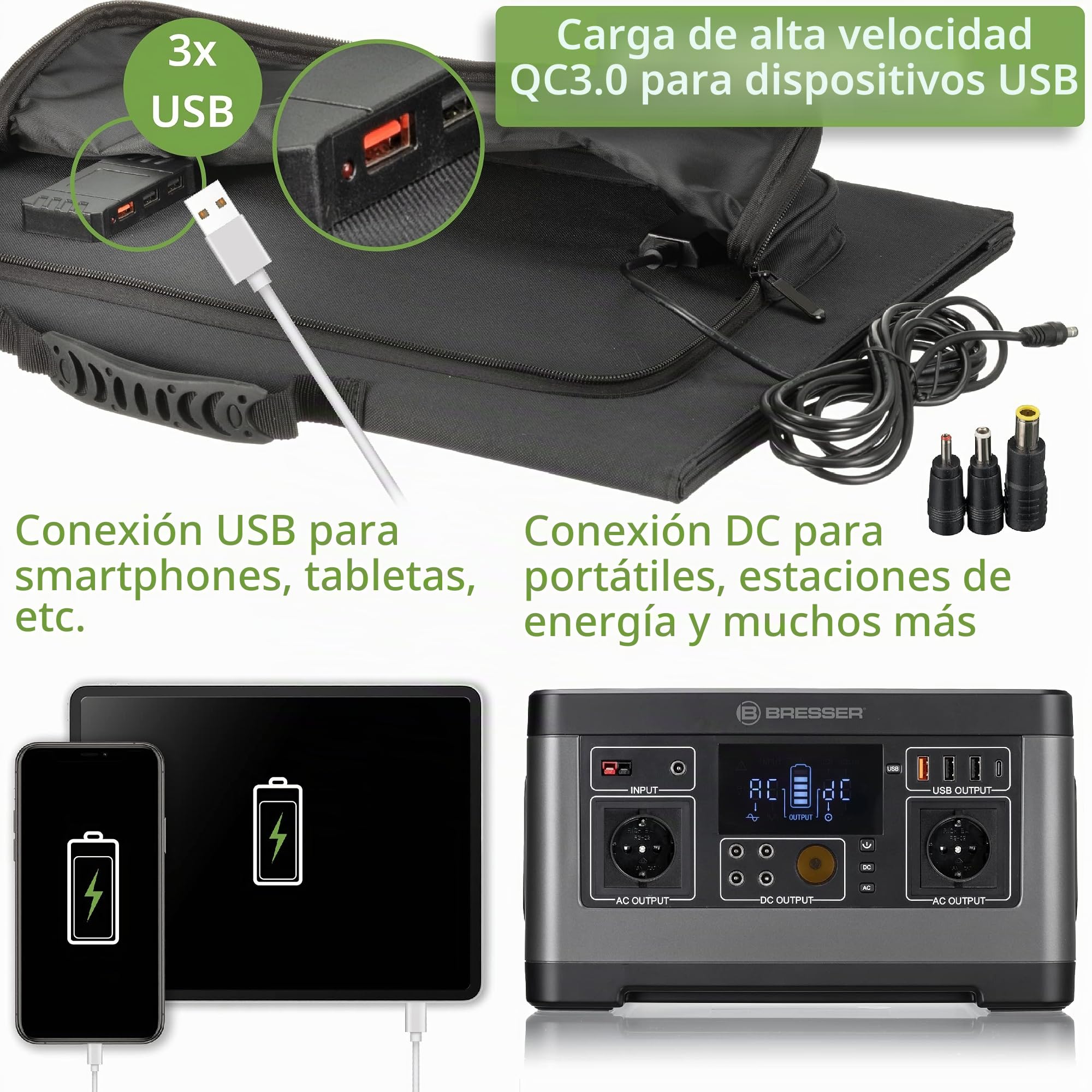 Bresser Cargador solar de 90 W con 1 CC y 3 puertos USB-A, incluye conector USB-A hembra con QC3.0 para carga rápida, panel solar como cargador para smartphones, estaciones de alimentación, etc.