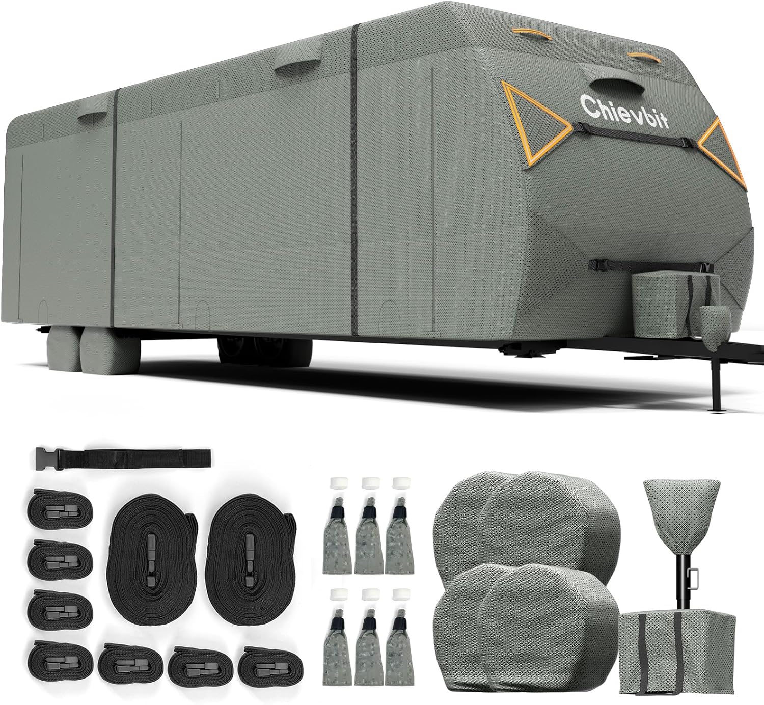 Journey Trailer Cowl 22′-24′,Anti-Tear Further-Thick 7 Layer RV Cowl,Windproof Camper Cowl with Adhesive Restore Patches,2 Further Straps & 4 Tire Covers