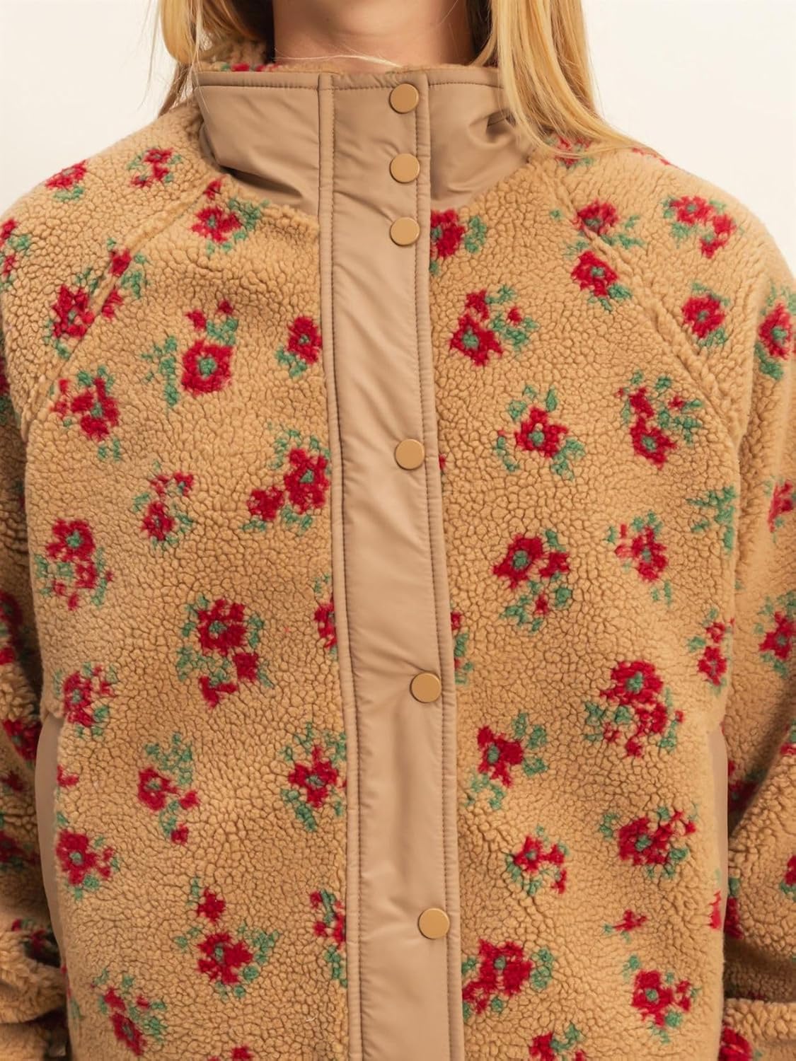 Womens Floral Print Sherpa Zip Up Jacket Winter Teddy Fleece Jacket Casual Faux Fur Outwear